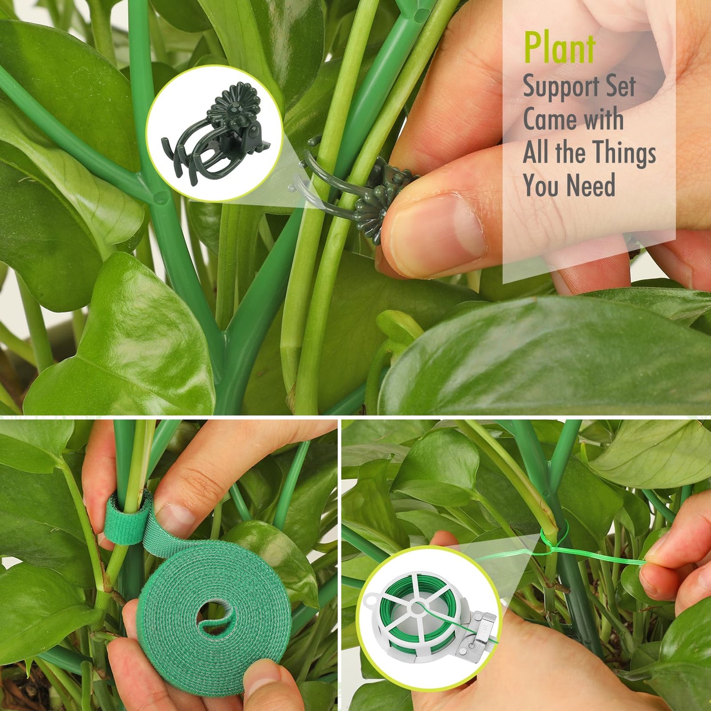 10 Pack Plant Support Stakes for Indoor Plants, 27.56 Inch Twig Plant Sticks with Orchid Clips Twist Ties and Plant Ties for House Potted Plants and Flower, Plastic Branches Support Structures, Green