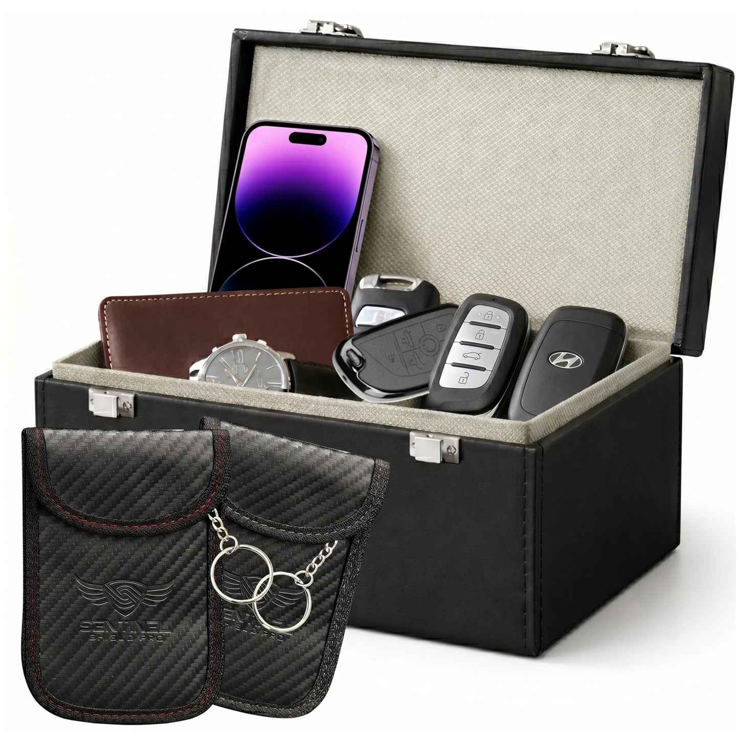 Premium Faraday Box with 2 Faraday Pouches for Car Keys - RFID Signal Blocking Box, Keyless Entry Key Fob Protector, Anti-Theft Signal Blocker for Car Security with PU Leather Design [Large Capacity]