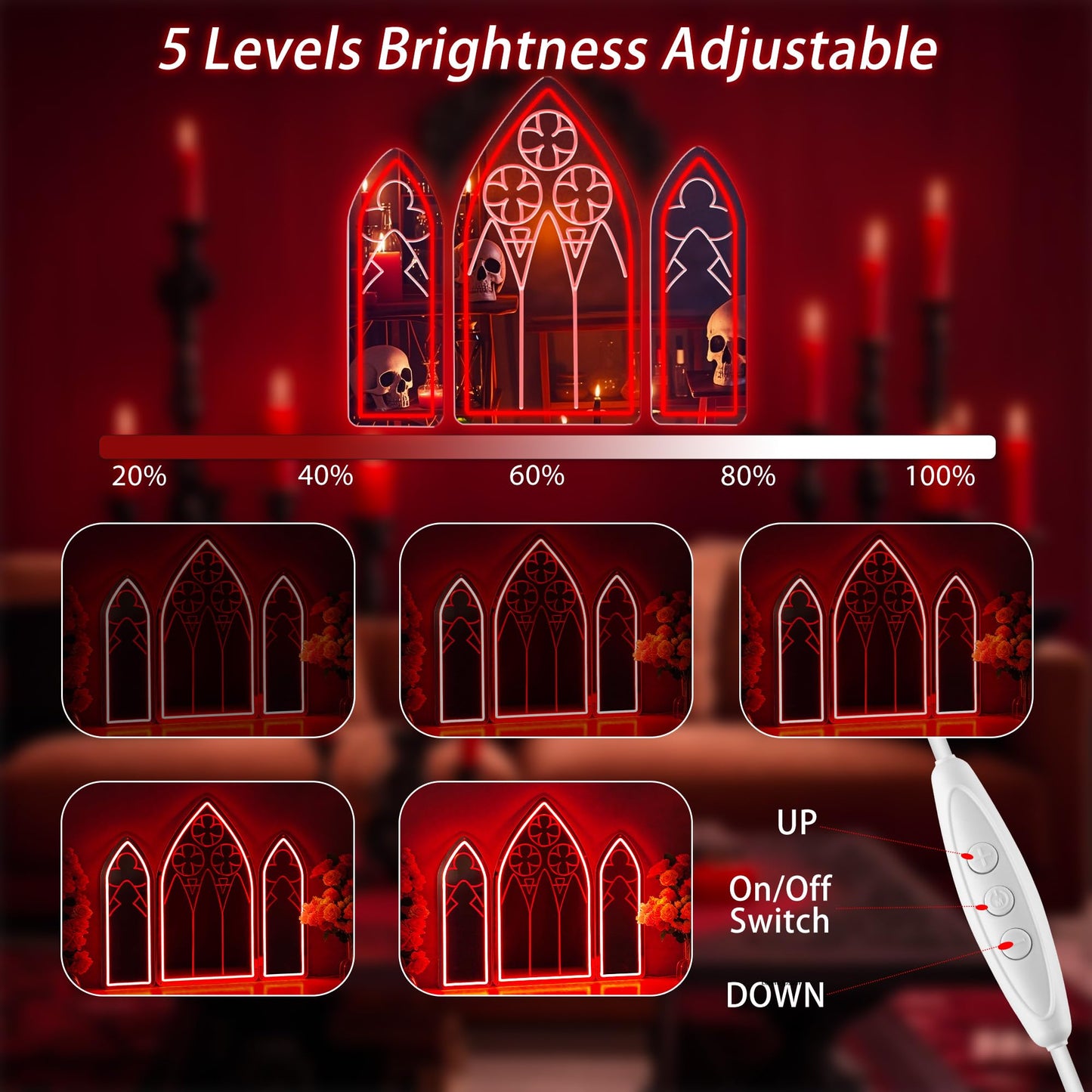 DUOLIYBC Gothic Neon Sign, Medieval Goth LED Mirror Sign Set, Window Mirror Signs for Wall Decor, Gothic Cathedral Decor, Witch Mirrors 20″ × 11.7″