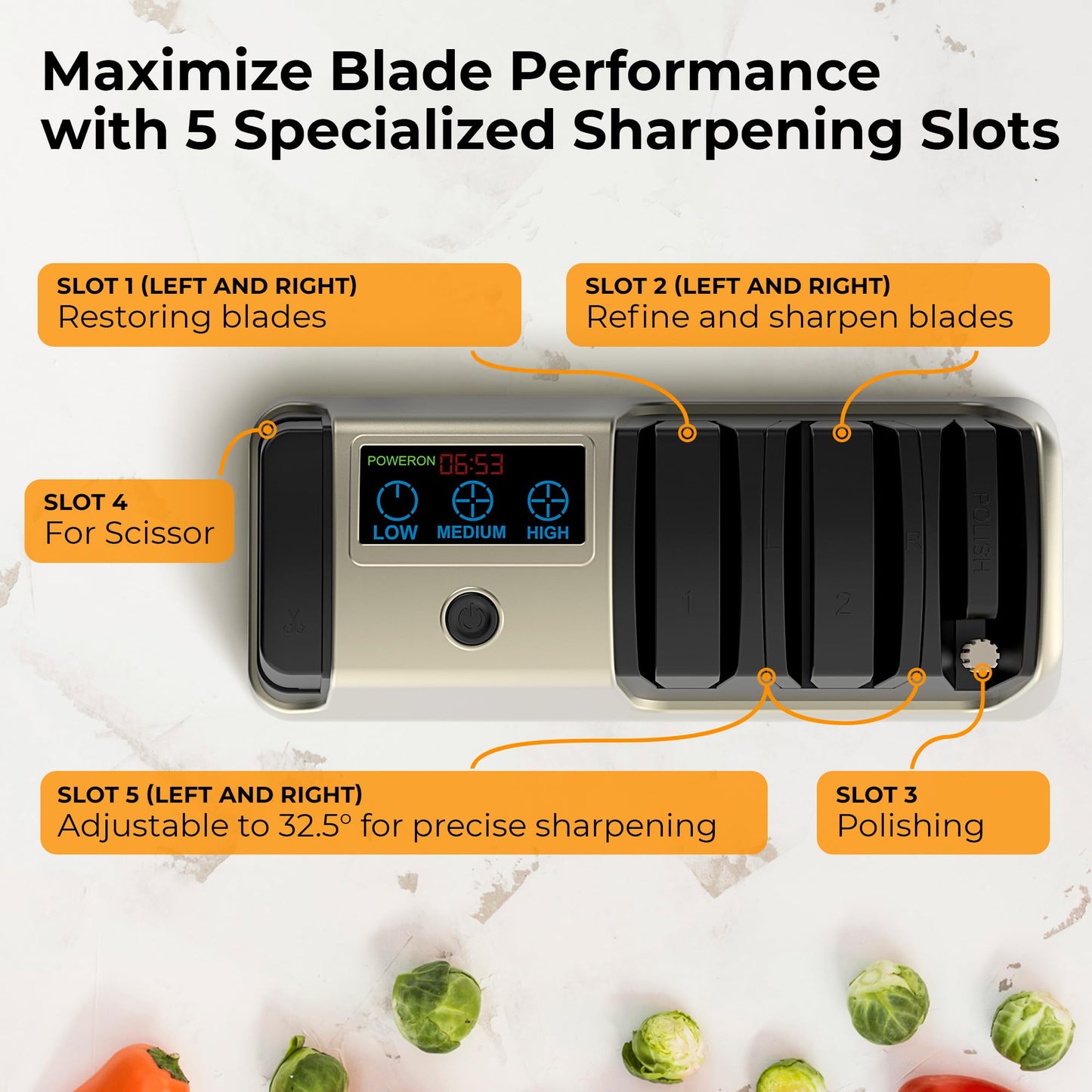 Electric Knife Sharpener for Kitchen Knives, LCD Display, 5-in-1Professional Knife Sharpener with Adjustable Speed, Diamond Wheel & Ceramic Rod, Gold