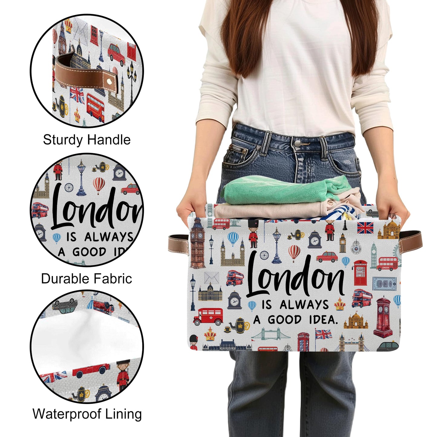 JOPJOLIW London Themed Storage Basket, Collapsible Souvenir Bin with Handles for London Lovers -Red Bus & Big Ben Print Organizer for Travel Keepsakes, Kids Room, London Travel Gifts