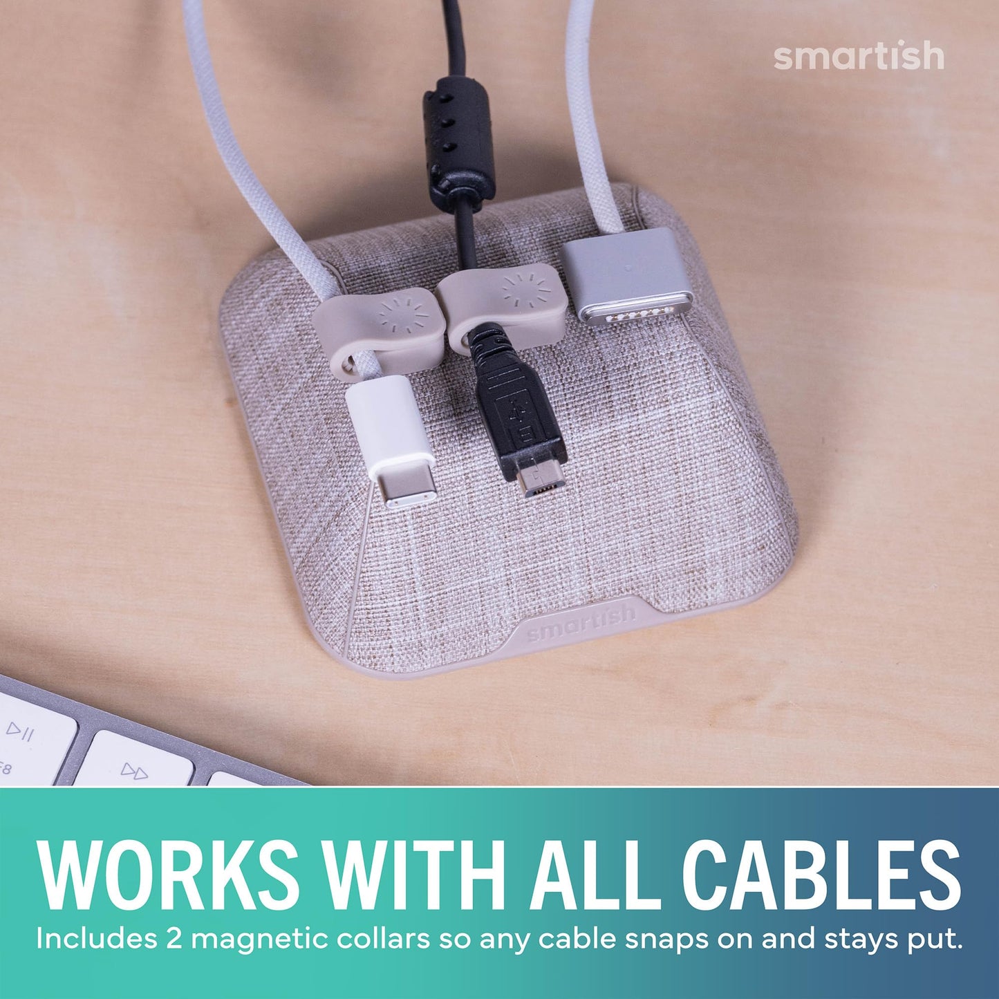 Smartish® Magnetic Cord Holder - Cable Wrangler Organizer with Magnet Clips for Charger Management on Desktop, Nightstand for USB-C + Lightning - Lightly Toasted Beige