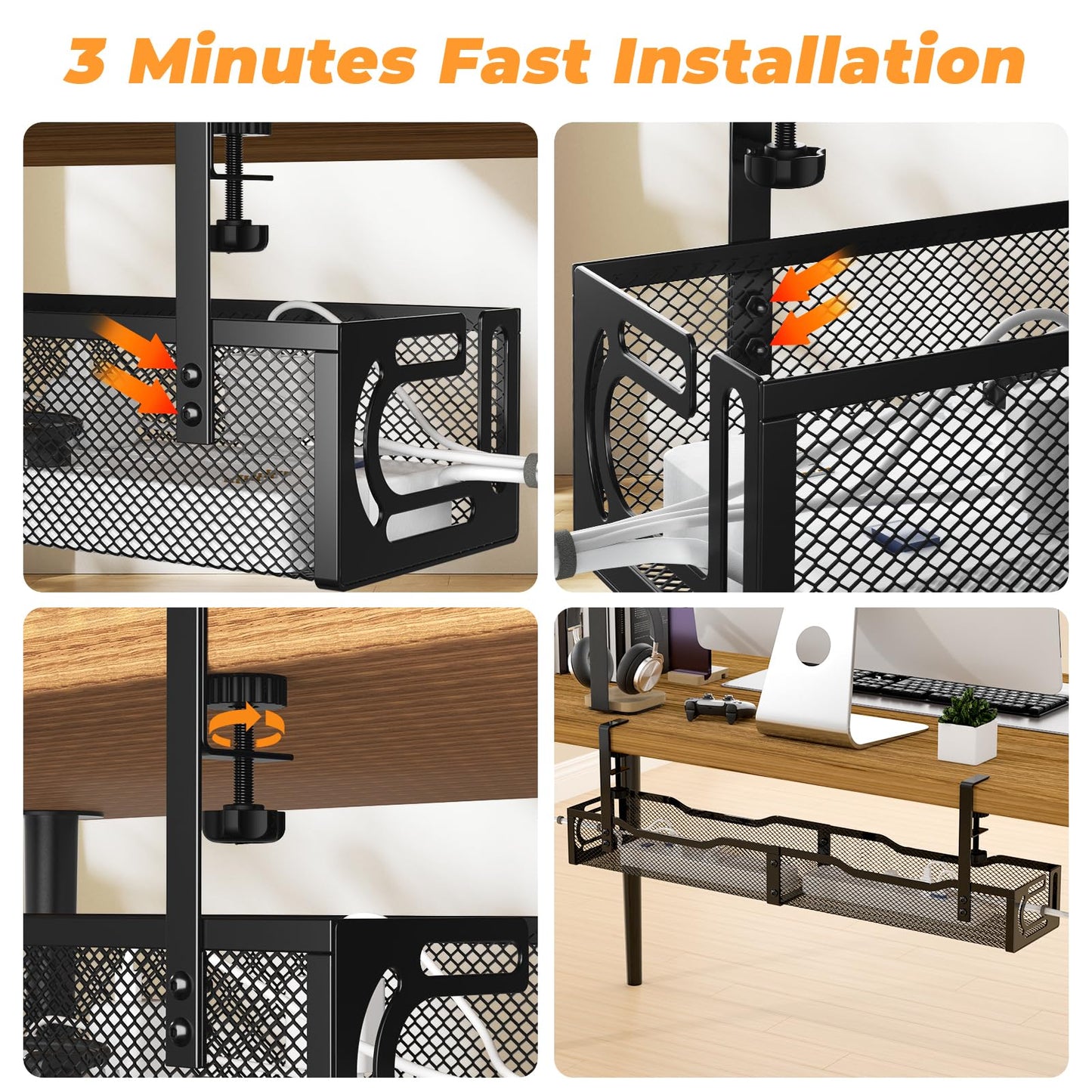 Under Desk Cable Management Tray, No Drill Steel Desk Cable Organizers, Wire Management Tray Cable Management Rack (24.4" Length-Black)