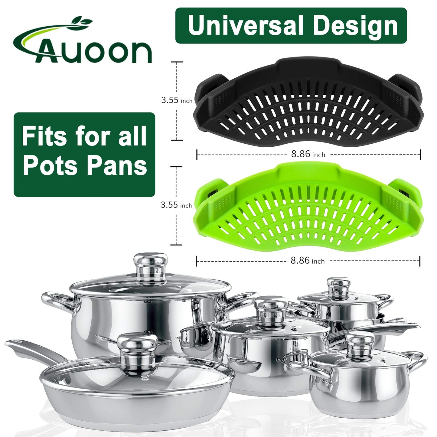 2PACK AUOON Clip on Strainer for All Pots Pans - Silicone Pasta Strainer Kitchen Colander for Draining Noodles Spaghetti Ground Beef Grease｜Easy to Use and Store, Dishwasher Safe (BlackGreen)
