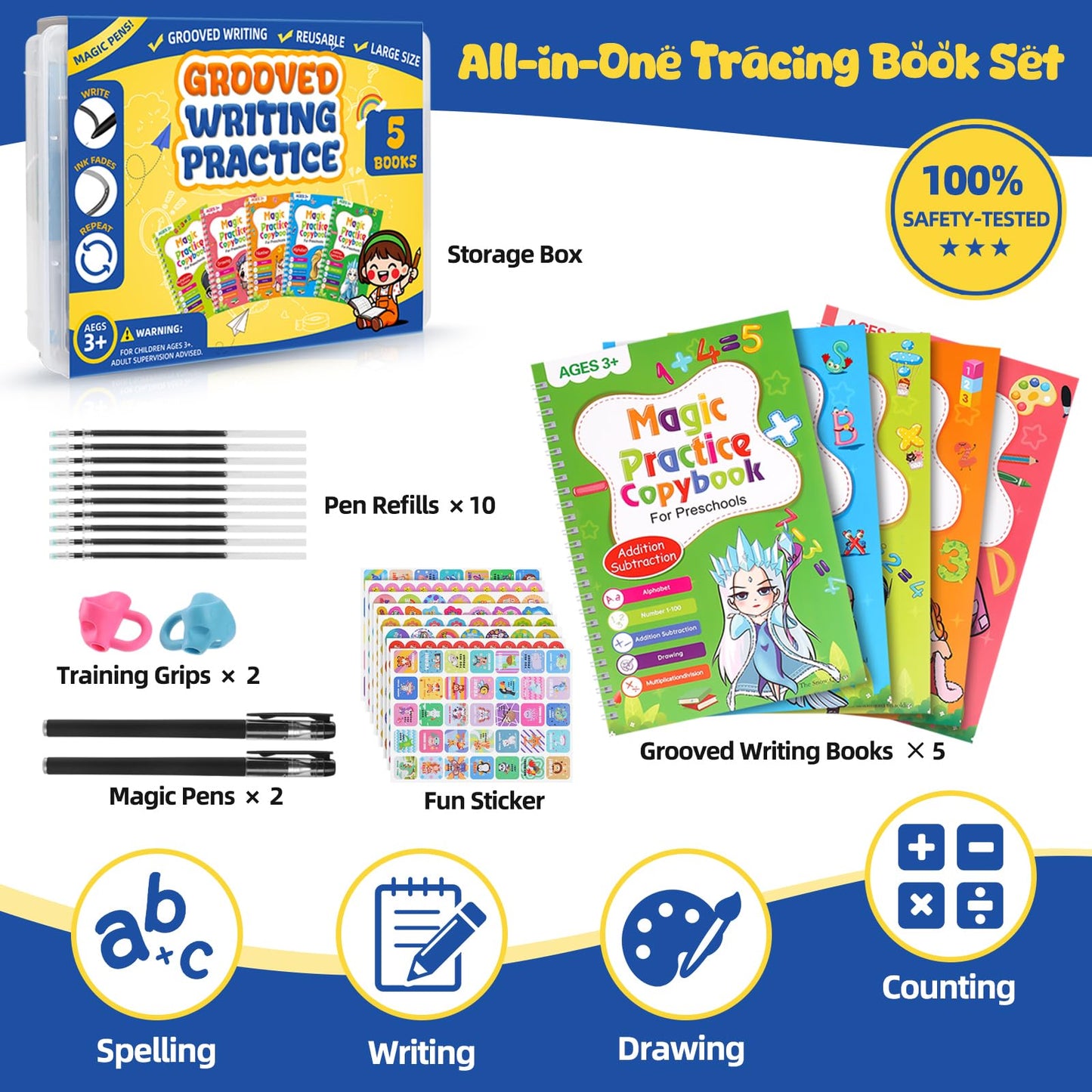 Magic Grooved Writing Practice Books for Kids Age 3-5 6-8, Reusable Large Size Grooved Writing Practice Copybooks, Handwriting Practice, Kids Writing Helper