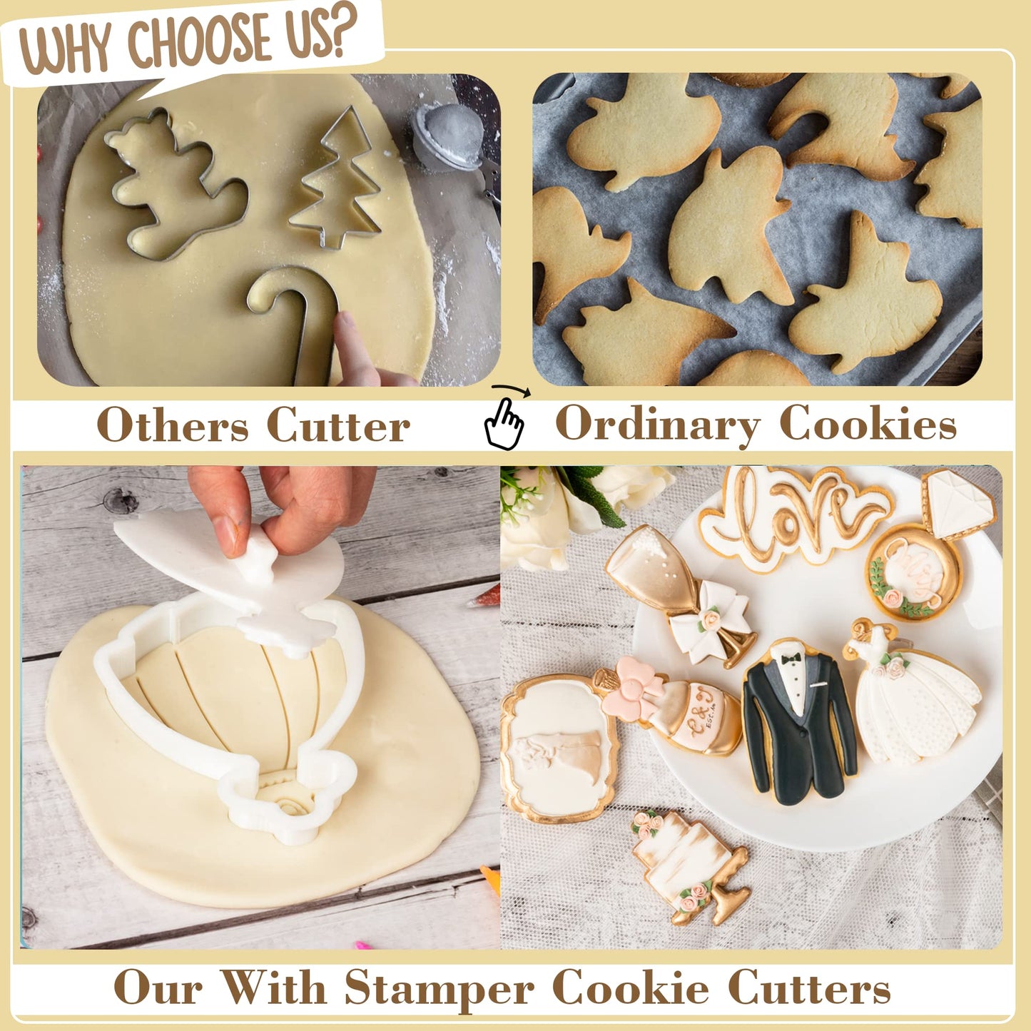 Flycalf Love Cookie Cutters Set of 7 with Plunger Stamps Holiday Gifts Baking Cake PLA Kitchen Diamond Love Ring Shapes for Kids 3" Mold Supplies Biscuit Tools