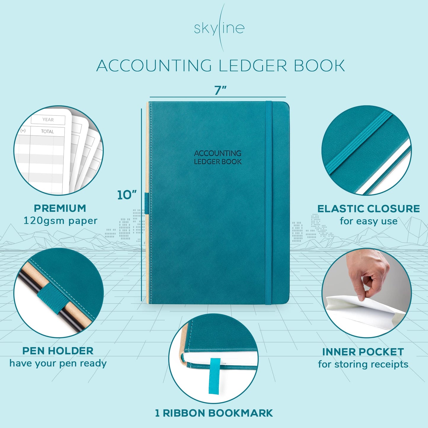 Skyline Accounting Ledger Book – Columnar Log Journal for Personal Use & Small Business Bookkeeping – Expense Log to Track Money Operations – Large Format, 7x10″, 4,712 Entries Total (Dark Teal)