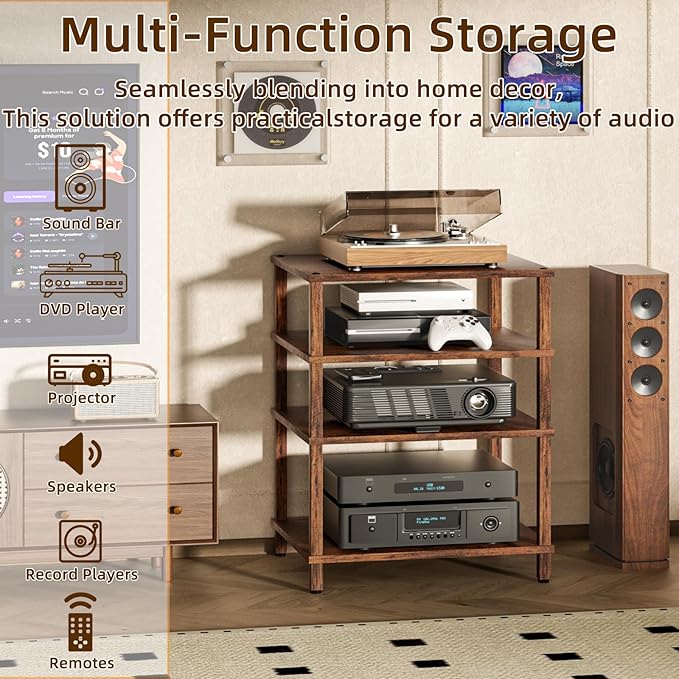 LELELINKY 4-Tier AV Media Player Stand Set of 2, Brown Stereo Cabinet, Wooden TV Stand,Game Console Shelf, Multifunctional Entertainment Center, Suitable for Home, Conference Room, Game Studio