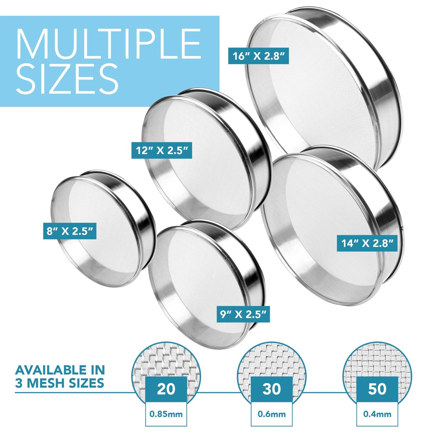 Vollum Stainless Steel Flour Sifter Fine Mesh Round Flour Sieve for Baking 12" Diameter x 2.5" High; 50 Mesh (Hole Size 0.3mm)