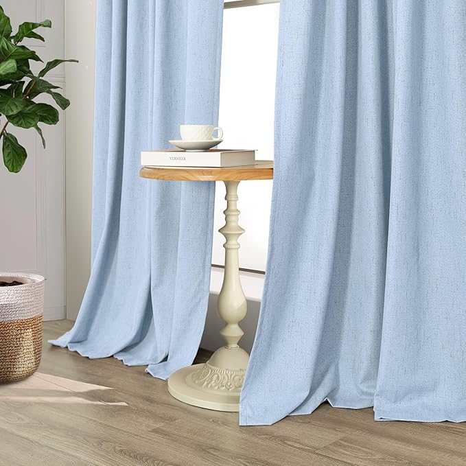 Total Blackout Baby Blue Linen Curtains 108 Inches Long 2 Panel Set Light Blue Pale Sky Colored Floor to Ceiling Thermal Spring Summer Curtain for Living Room Bedroom Patio Sliding Door Drape Back Tab