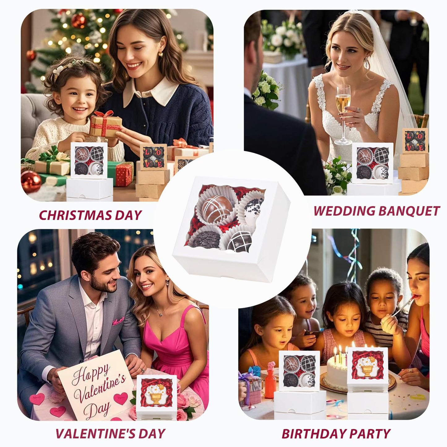 JCXGRVC 50Pack 4x4x2 Inch Cookie Boxes with Window Bakery Boxes Treat Boxes Truffle Boxes Party Wedding Favor