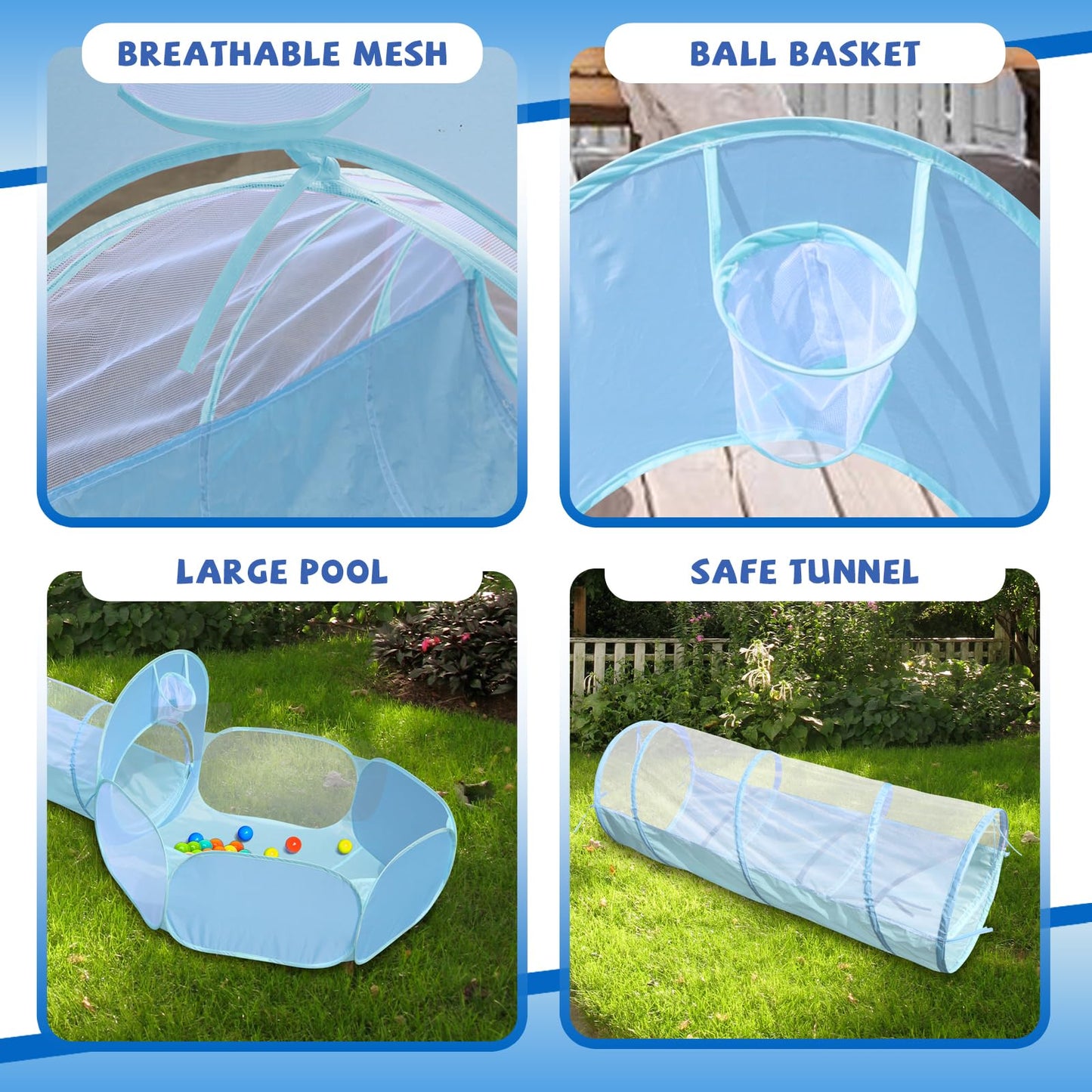 Action Air Kids Play Tent Set with Tunnel and Ball Pit, 5-in-1 Pop Up Playhouse for Toddlers 1-3 (Blue, Green)