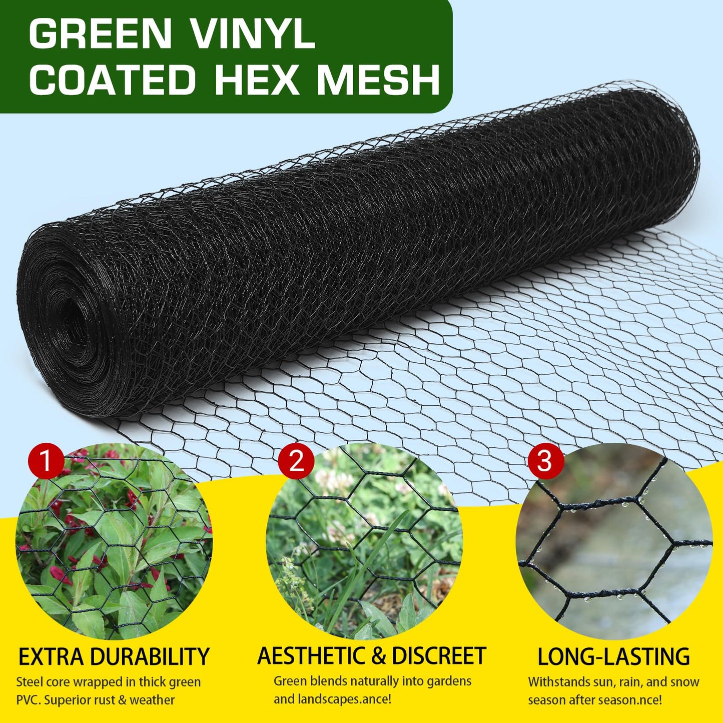 Yardbliss Premium Black Chicken Wire Fencing12inx150ft, PVC Coated Chicken Wire, Poultry Netting, Galvanized Chicken Wire Barrier for Floral Arrangements/Craft Projects/Pet/Rabbit