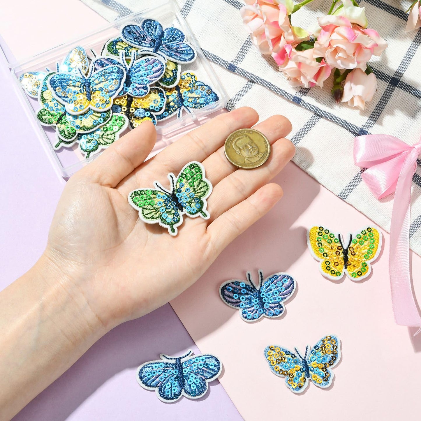 Gythara 16 Pcs 8 Styles Spring Butterfly Theme Polyester Patches Sequin Insect Animal Iron on Embroidery Appliques for Clothes Bag Backpack Sewing Craft Costume Accessories