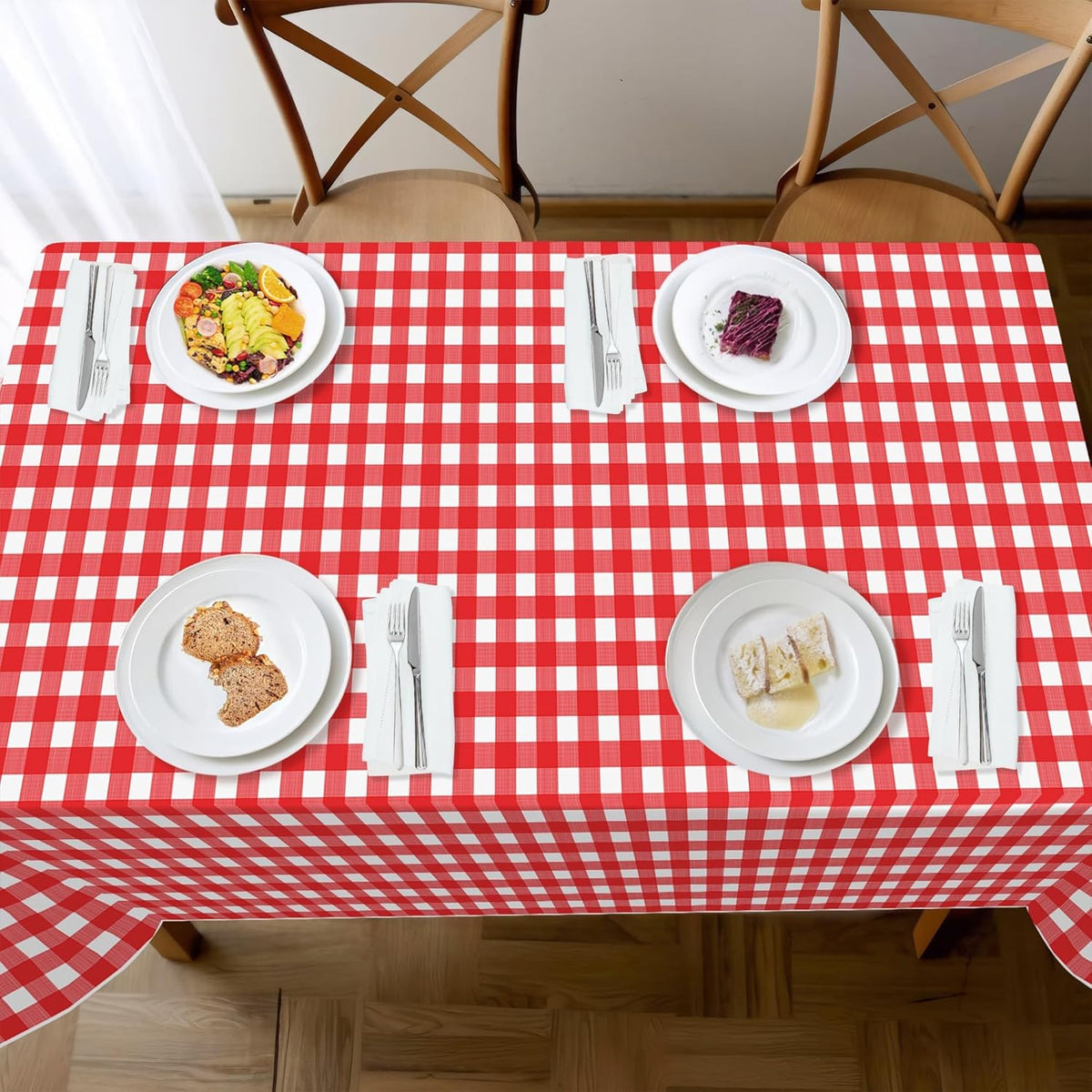 Childom 3 Pack Red and White Checkered Tablecloths 54"x108" Christmas Tablecloths for Rectangle,Disposable Plastic Table Cover for Weddings,Home,Birthday,Picnic,Buffet,Pizza Party,Racing Car Decors
