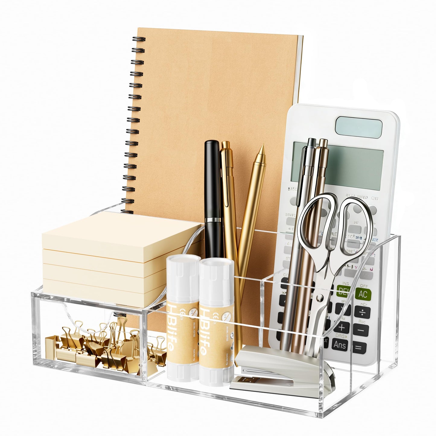 HBlife Acrylic Desk Organizer with 6 Compartments, Pen & Pencil Holder, Clear Multifunctional Desktop Caddy for Office Supply and Organization