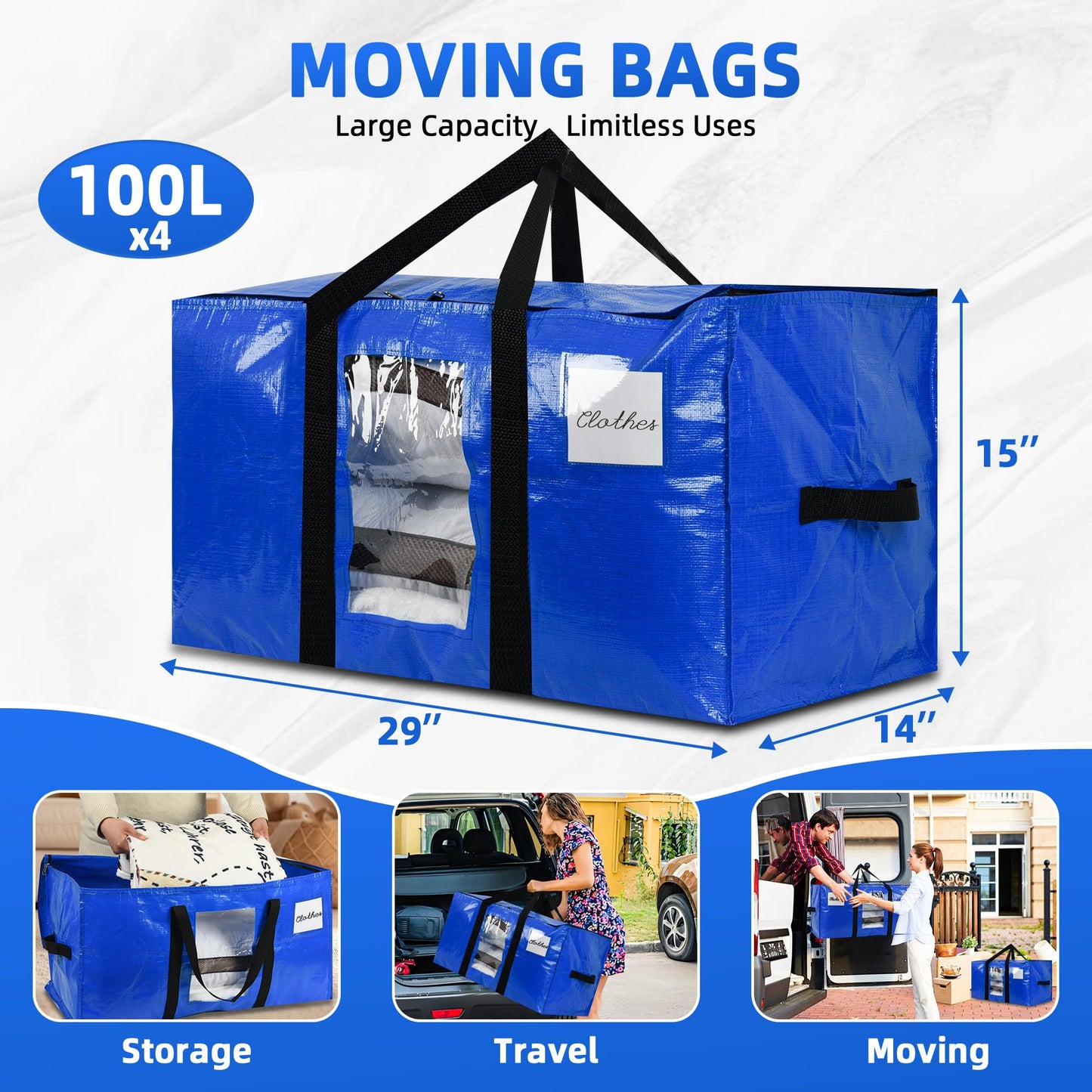 Uprimeasy Large Moving Bags, 4 Pack Heavy Duty Storage Bags with Wrap Handles & Zippers, Space Saving Storage Totes with Clear Window & Tag Pocket, Alternative to Moving Boxes (Blue)