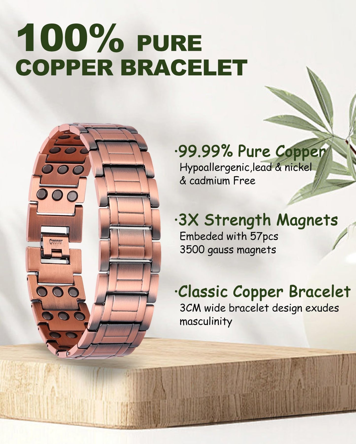 MagEnergy Copper Bracelet for Men, 3X Strength Magnetic Bracelet, 99.99% Pure Copper Jewelry Gift with Sizing Tool