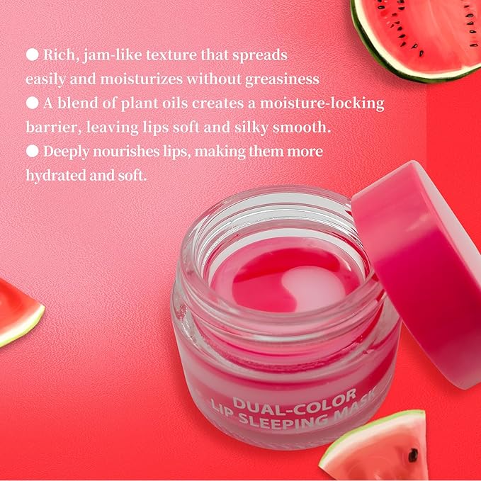 MOND'SUB Dual-Color Watermelon & Cherry Lip Mask - Overnight Dry Damaged Lip Nourishment - Hydrating Care with Fruit Extracts - Moisturizer for Plump, Smooth Lips(Watermelon + Cherry)
