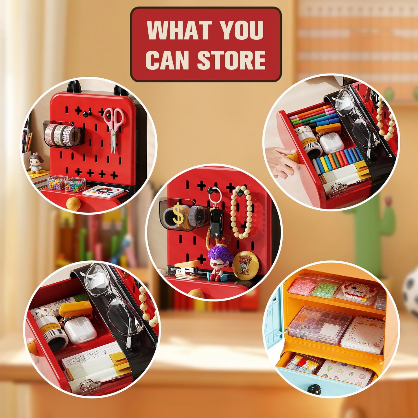 SWHC Desk Organizer Cute with Pegboard, Multifunctional Desktop Storage Box with Drawer & 2 Compartments, 3 Tier Desk with 2 Removable Boxes and Hooks, Art Supplies, Birthday Gifts for Kids