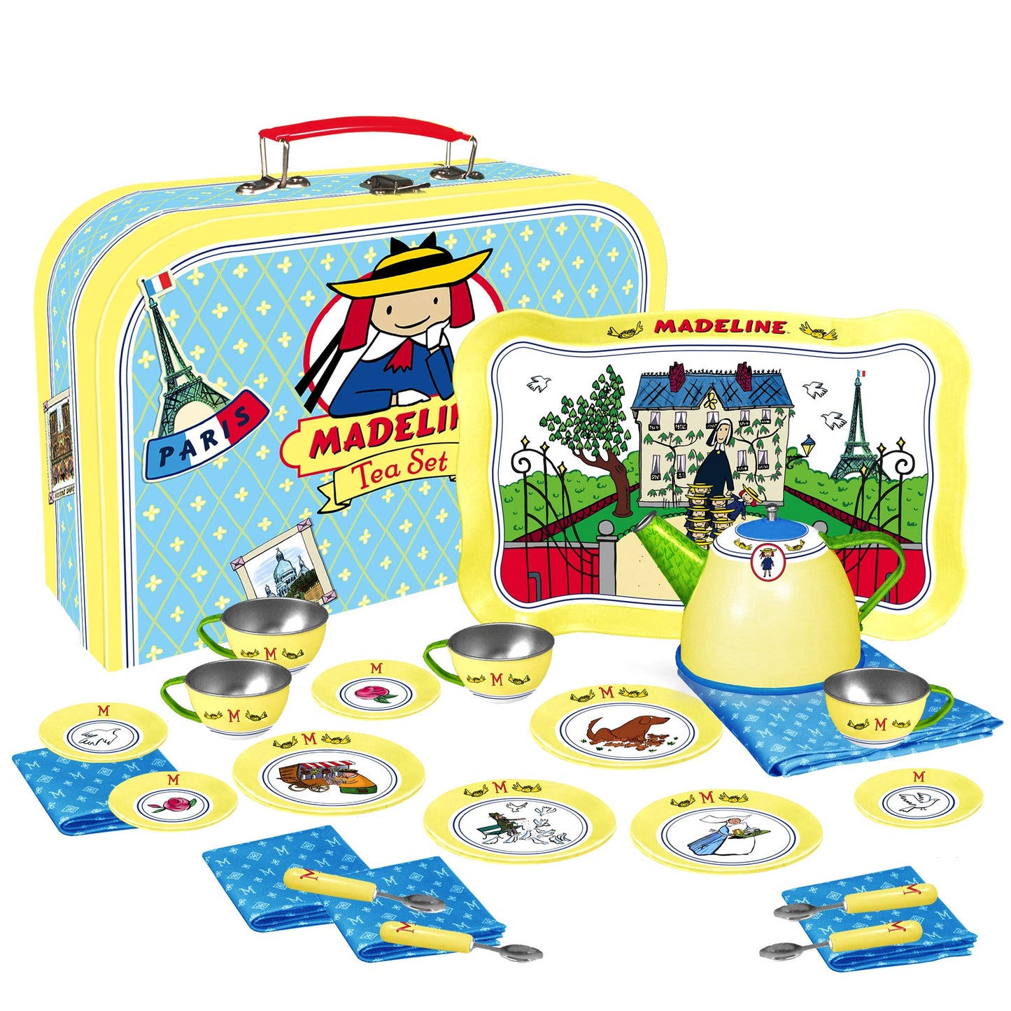 YOTTOY Madeline Collection | 23-Piece Kids Tin Tea Set Toy w/ Illustrations, Monograms, Carry Case