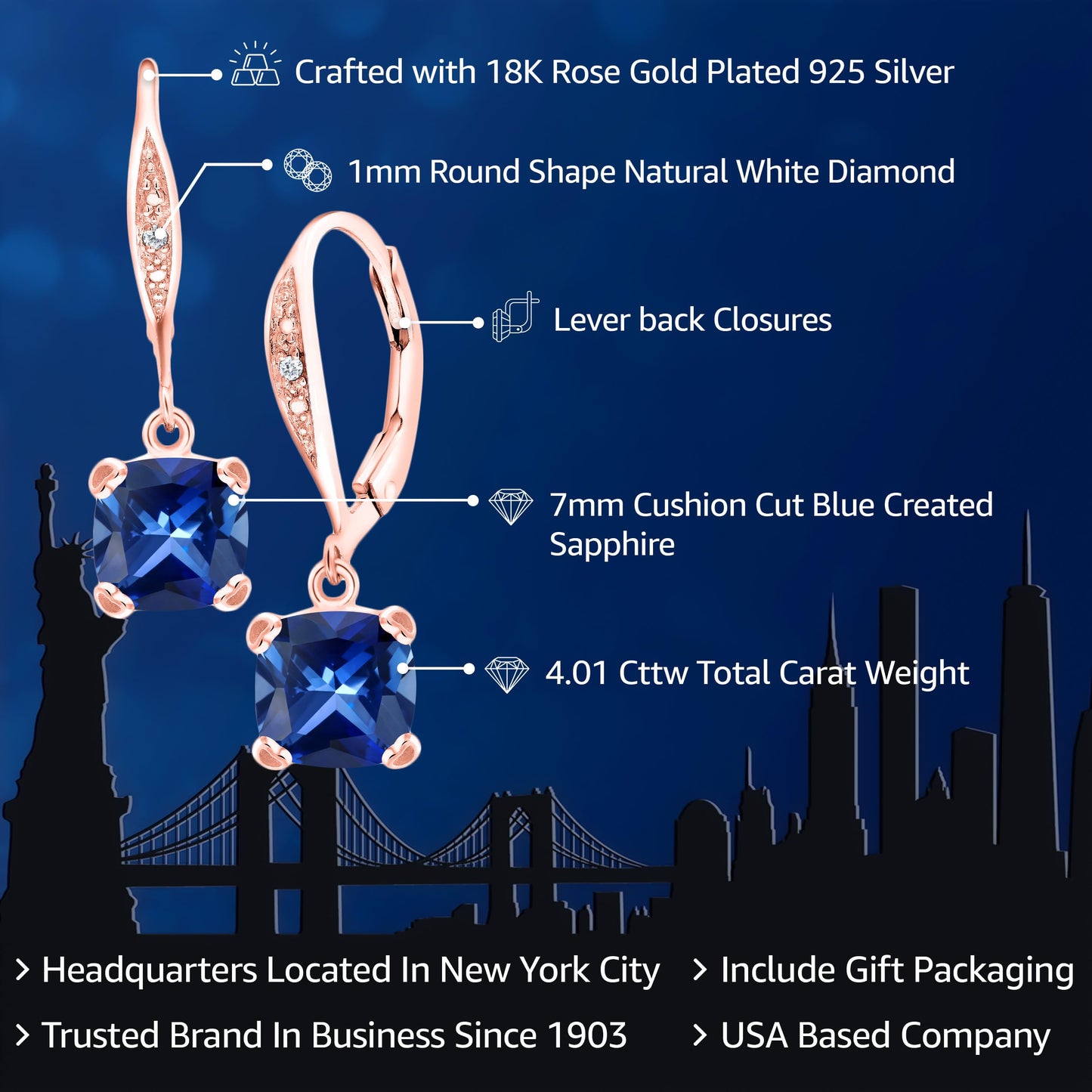 Gem Stone King Drop Dangle Earrings For Women | 7MM Cushion Cut Gemstone Birthstone and Diamond | 925 Sterling Silver | Jewelry Gift for Mom Wife Her | Created Sapphire-September | Rose Gold