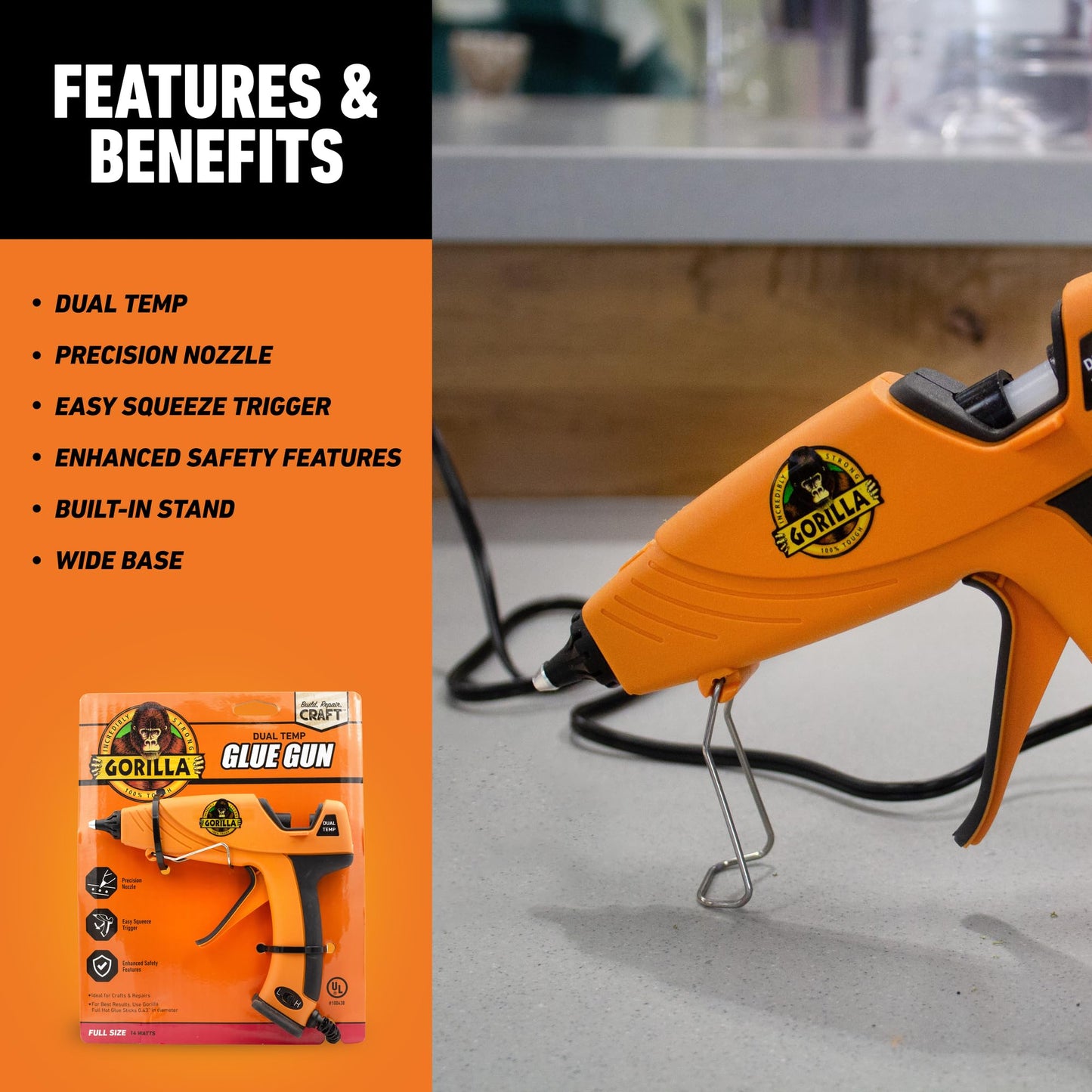 Gorilla Hot Glue Gun (Pack of 1) - Dual Temp Full Size Hot Glue Gun with Precision Nozzle, Easy Squeeze Trigger, and Enhanced Safety Features for DIY, Craft, Repairs, and More