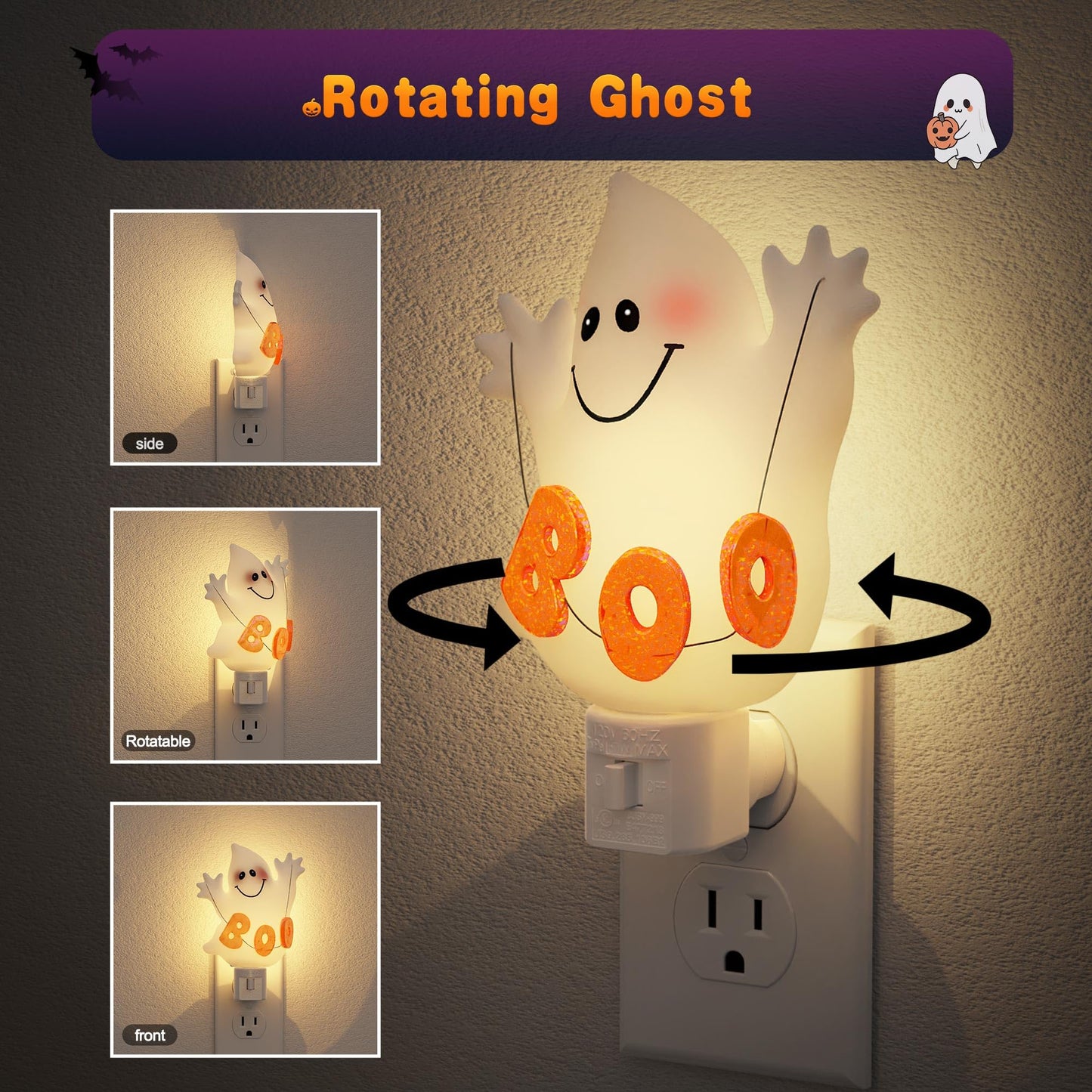 JandCase Ghost Night Light, 3000K Night Lights Plug into Wall,Cute & Funny Halloween Night Light for Kids,Plug in Ghost Nightlight with 360° Rotatable for Halloween Party Decor,1 Pack