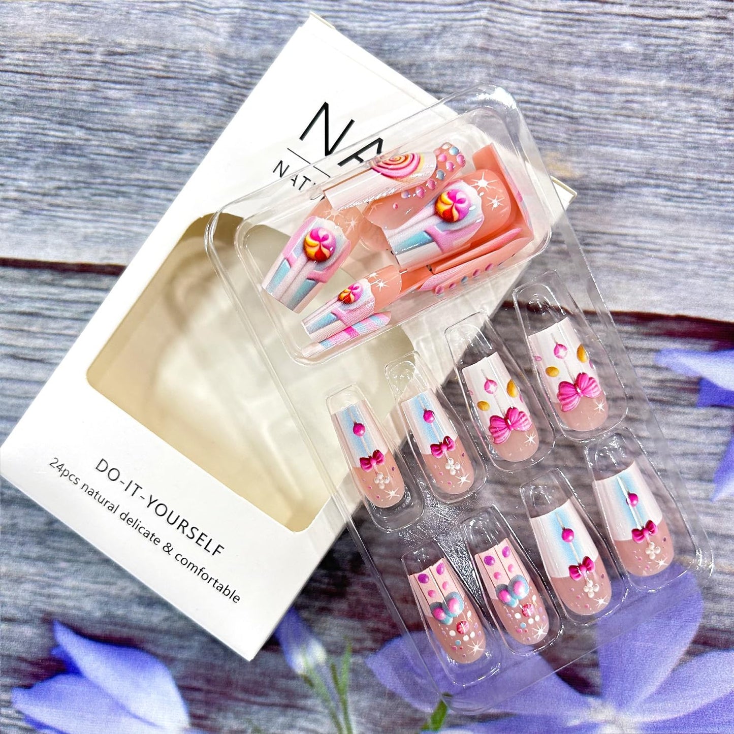 CJDLTS Press on Nails Long Length Candy Bow Pattern Design Acrylic False Nail Colorful Stripes Artificial Stick on Nail Full Cover Press Ons Nude Pink Square Glue on Nail for Women 24Pcs