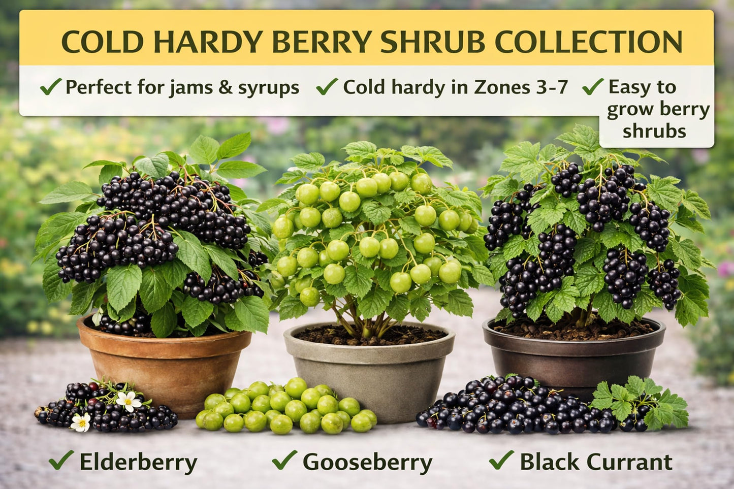 Cold Hardy Fruit Berry Shrub Collection – Live Elderberry, Gooseberry & Black Currant Plants for Home Gardens