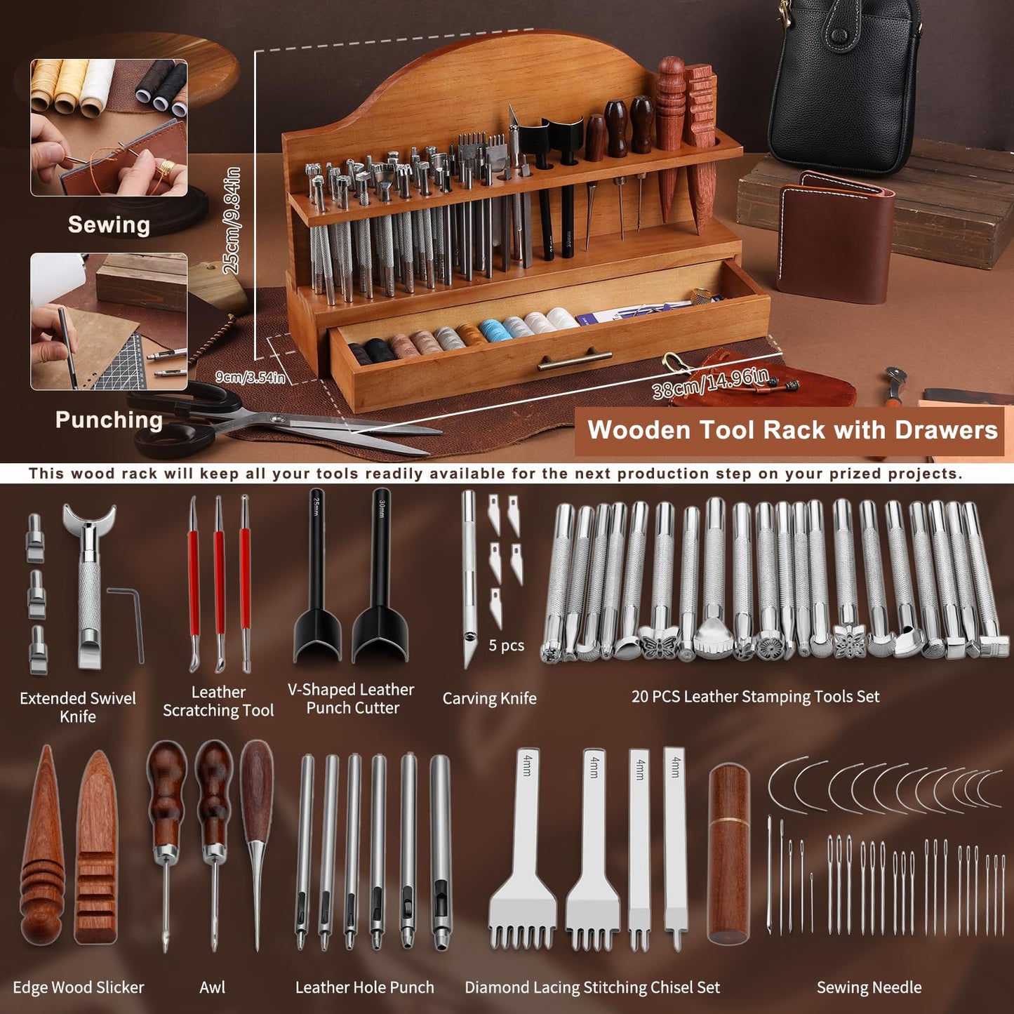 BUTUZE Leather Tools, Leather Crafting Kit with Leather Tool Rack, Leather Working Tools Kit for Adults and Tool Supplies for Carving, Stamping, Engraving, Sewing, Cutting, Punching and DIY Crafts