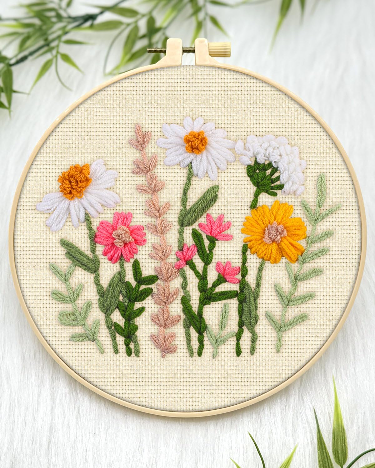 ERKOON Punch Needle Kit Adults Beginners, 2 Pcs DIY Easy Flower Embroidery Set for Starter Art Craft, Needling Punching Project with Patterns, Tools, Yarns, Hoop, Instruction (Daisies)