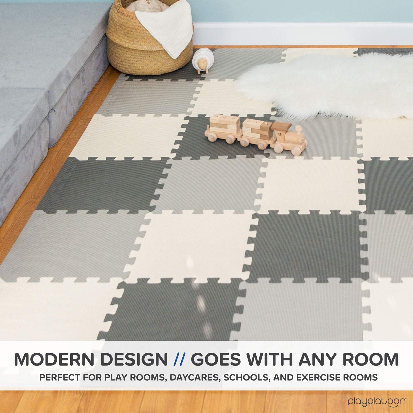 Play Platoon Non-Toxic Foam Puzzle Floor Mat, Comfortable, Extra Thick, Cushiony Play Mat for Toddlers, Kids & Adults, 36 Tiles (12"x12"), Square, Grey/Cream/Charcoal