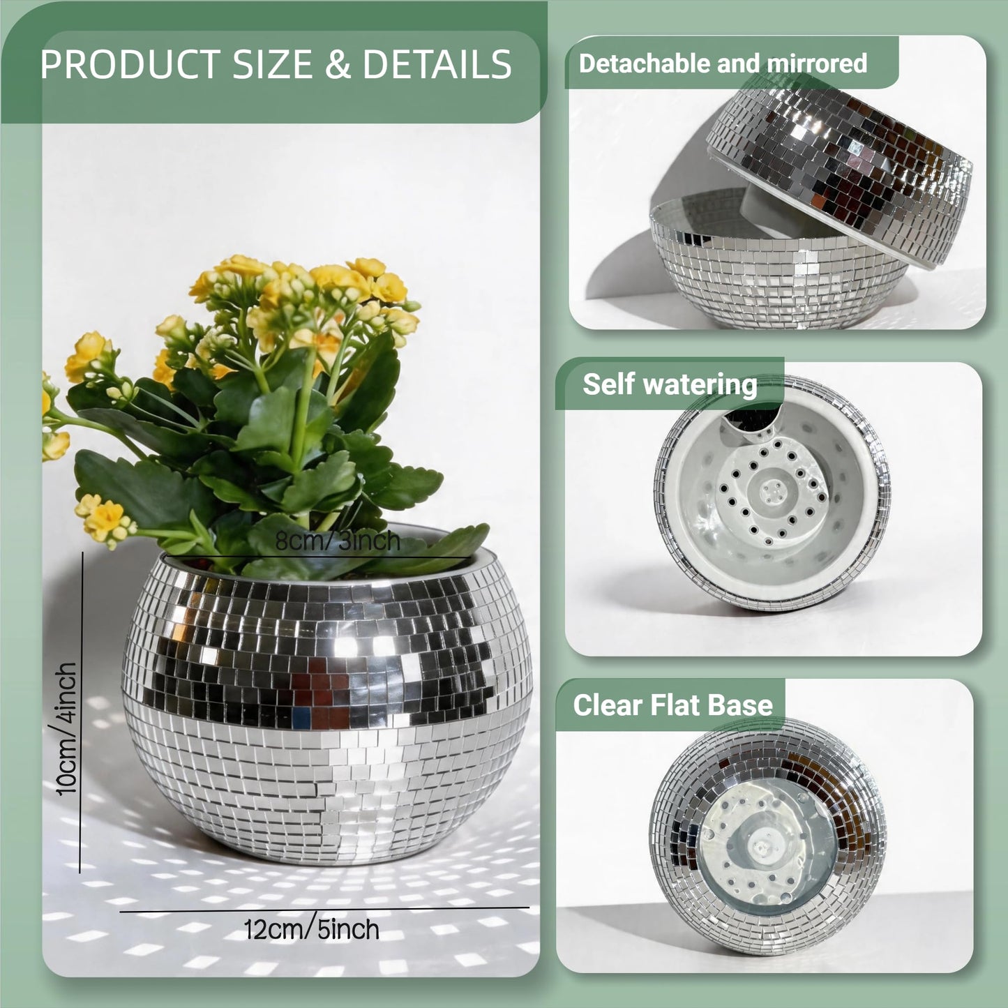 BAOBYAO Disco Ball Planter,Disco Ball Vase,Plant Pot,Flower Pot,Mirror Plant Holder,Plastics Self Watering Disco Decor Planter for Small Plant, Party,Table,Office,Kitchen,Silver,4X5IN