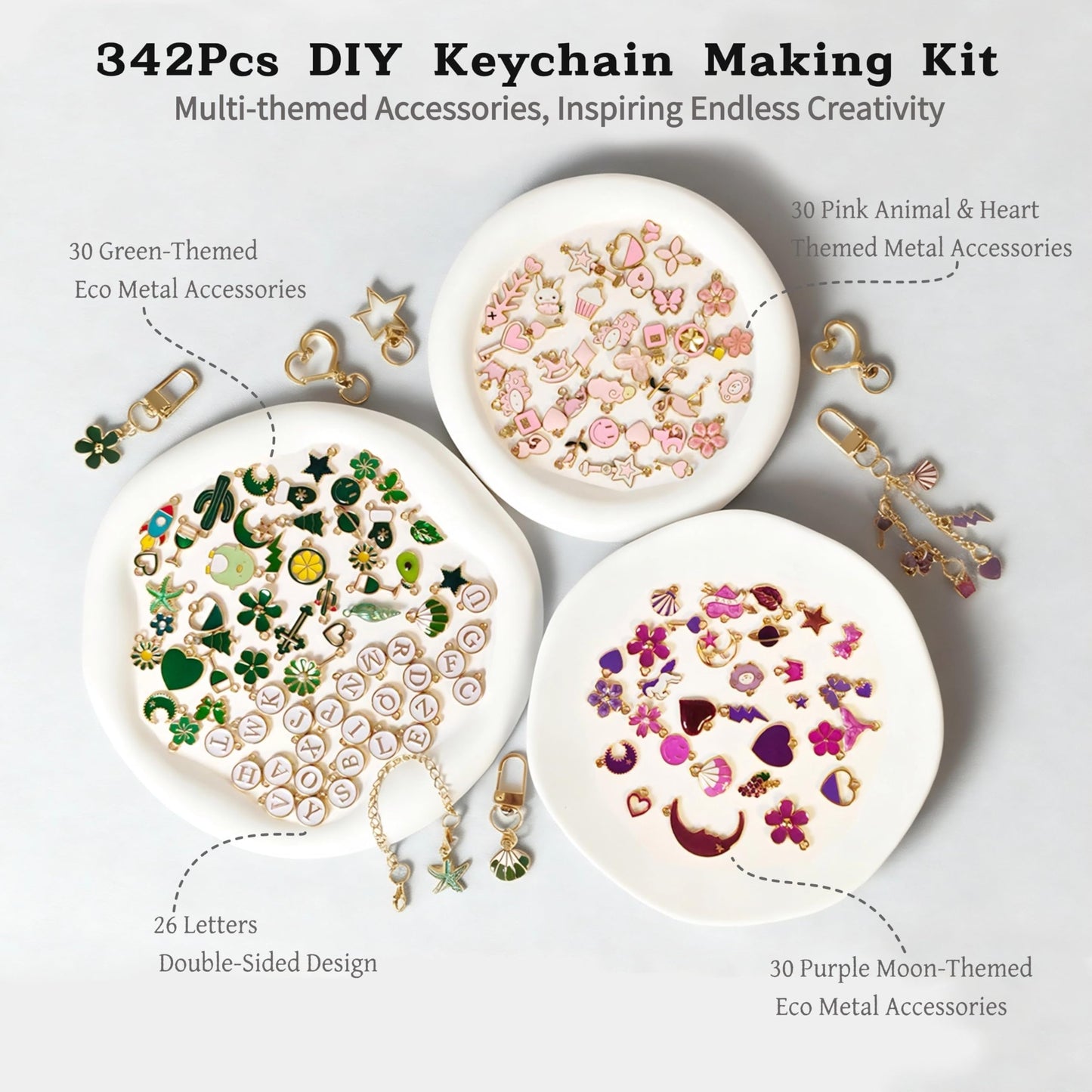 Kupor 342Pcs DIY Keychain Making Kit – 25 Keychains, Storage Box & Instruction,Great for Crafting Bag Charms, Keychain Charms Ideal for Craft Lovers (Eco-Friendly Materials) & Gift Shoppers