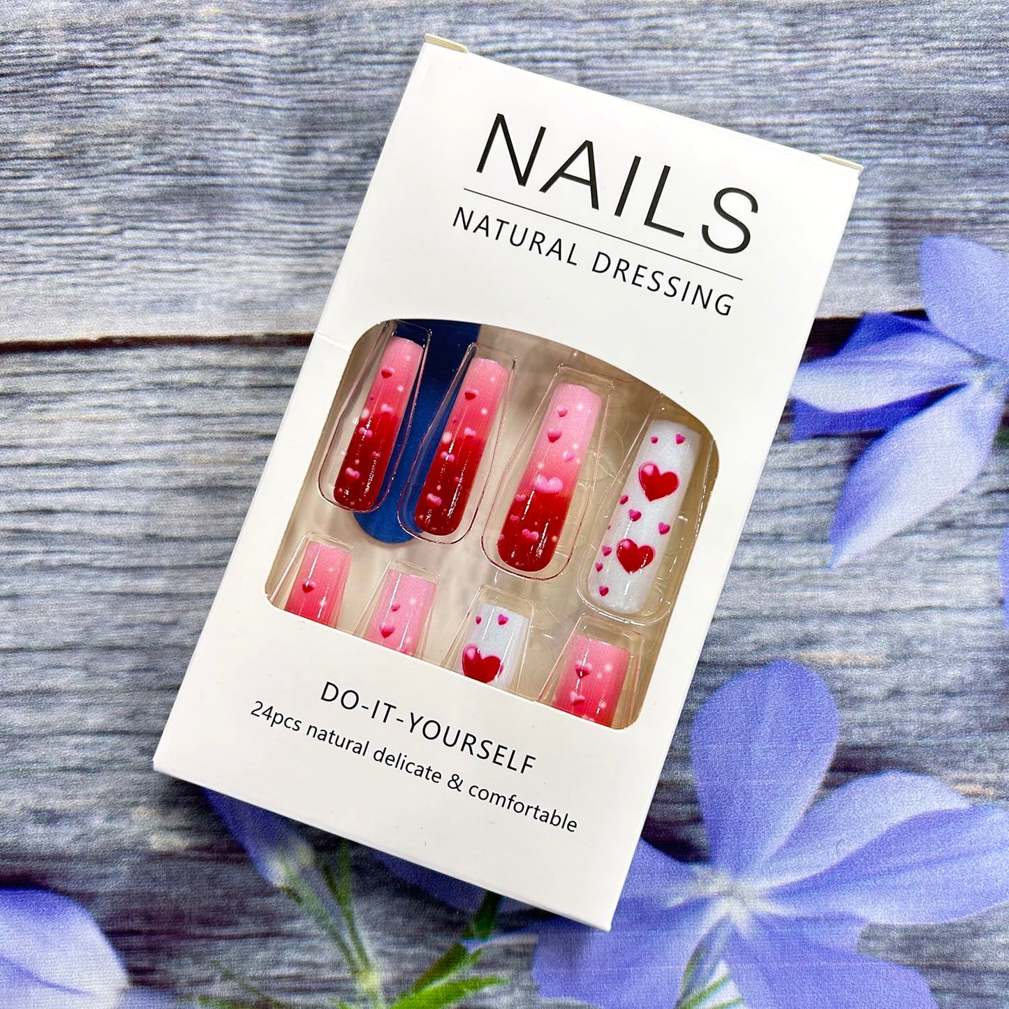 Valentine's Press on Nails Long Pink Red Love Heart Fake Nails Heart Design Full Cover Glossy Valentine's Acrylic Nails Artificial Coffin Nails Holiday Nails 24Pcs Stick on Nails for Women