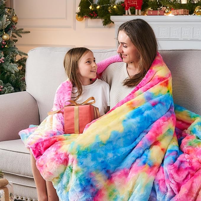 NEWCOSPLAY Super Soft Faux Fur Throw Blanket for Couch Dark Rainbow Sherpa Fuzzy Plush Warm Blanket for Sofa Bed (Dark Rainbow, Throw(50"x60"))