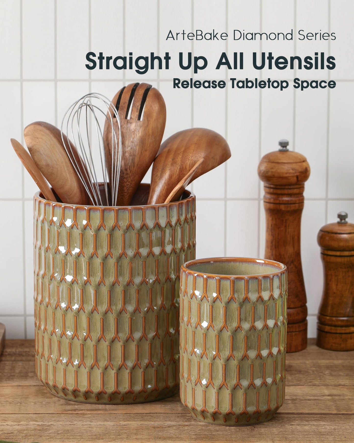 ArteBake Utensil Holder, 7.5"+5.3" Ceramic Kitchen Utensil Holder for Countertop, Large Cooking Utensil Crock for Kitchen Counter, Set of 2, Green