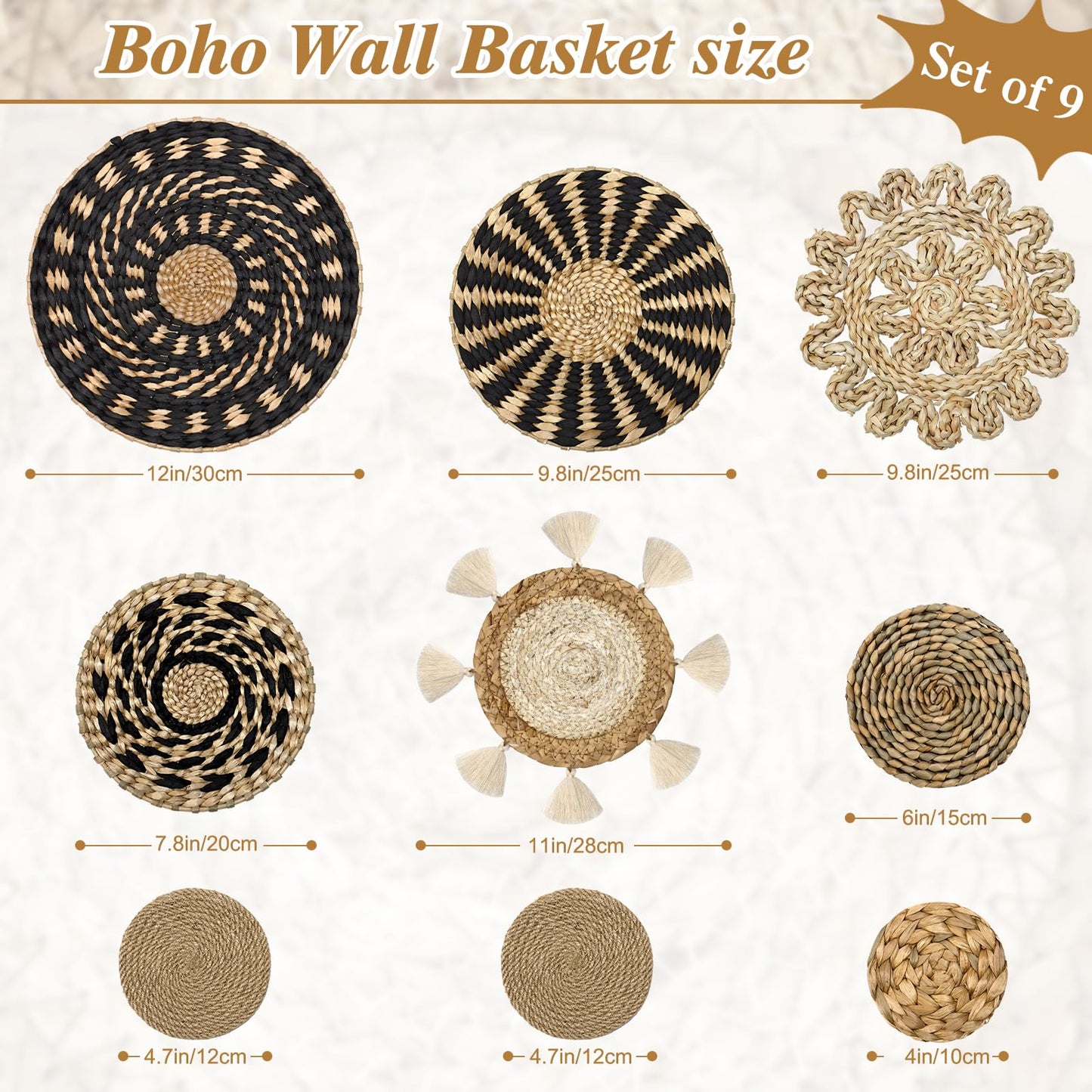 LOMOHOO Set of 9 Boho Wall Basket Decor Wicker Woven Wall Basket Decorations Bohemian Handcrafted Round Basket Hanging decor Bulrush Wall Art Decors for Living Room Rustic Home