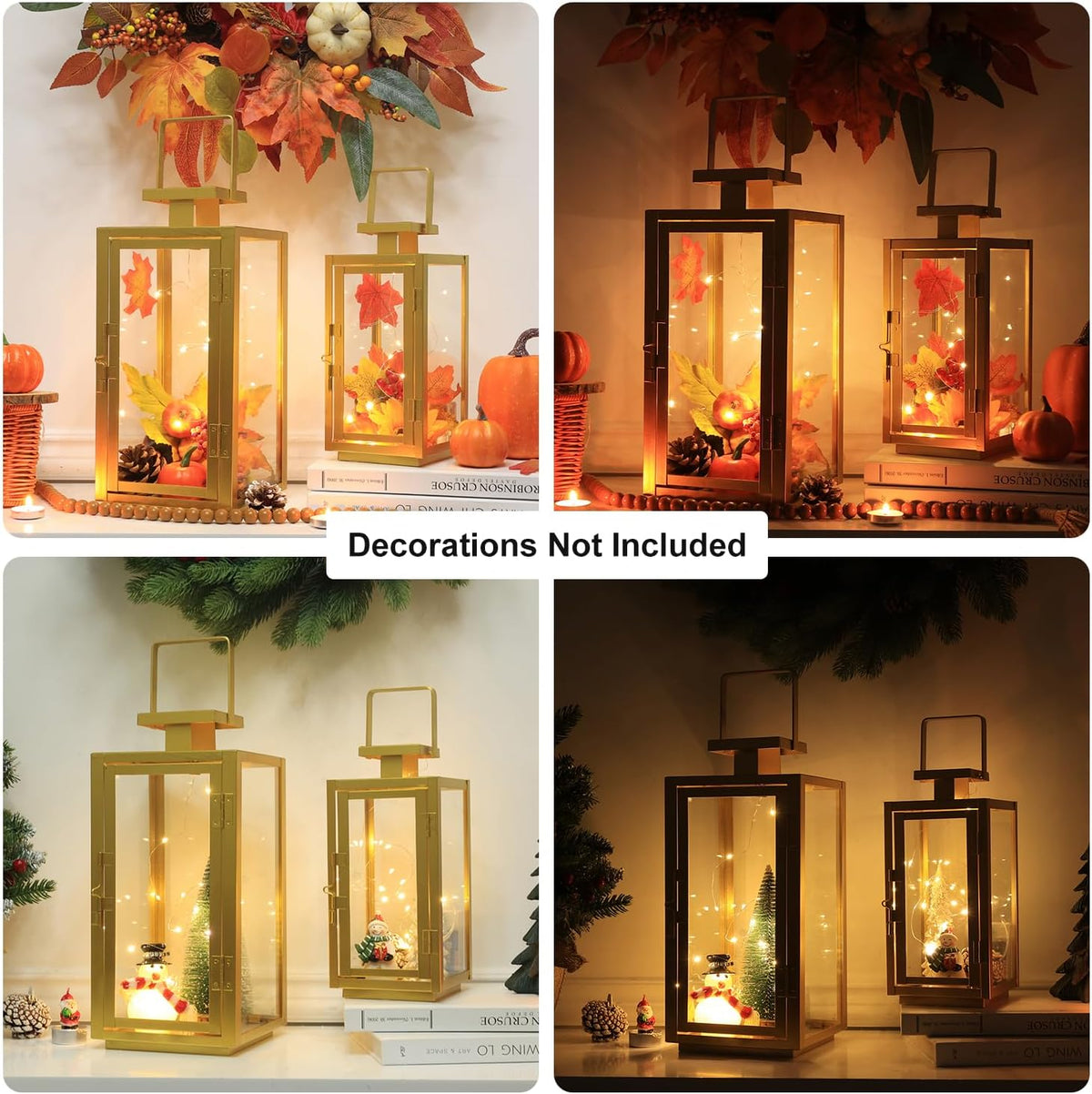 DECORKEY Fall Christmas Golden Decorations for Home, 17''&13'' Metal Candle Lanterns Decorative Outdoor&Indoor, Modern Hanging/Tabletop Candle Holders for Porch Patio Wedding Decor