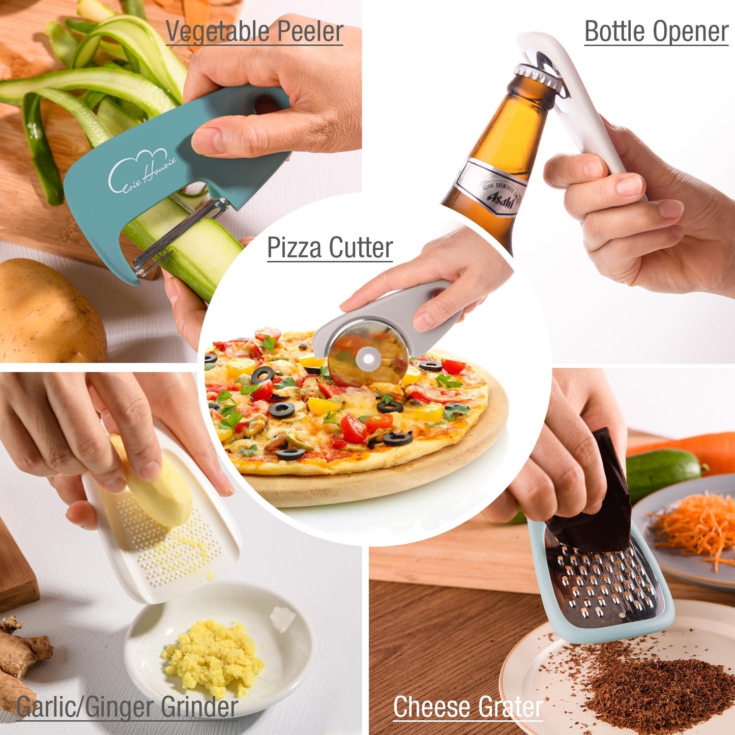 Kitchen Gadgets Set 13 Piece, Space Saving Cooking Tools Includes Cheese Grater, Pizza Cutter, Peeler, Bottle Opener, Garlic Grinder, Collapsible Measuring Cups Spoons for Small Kitchen RV Camp