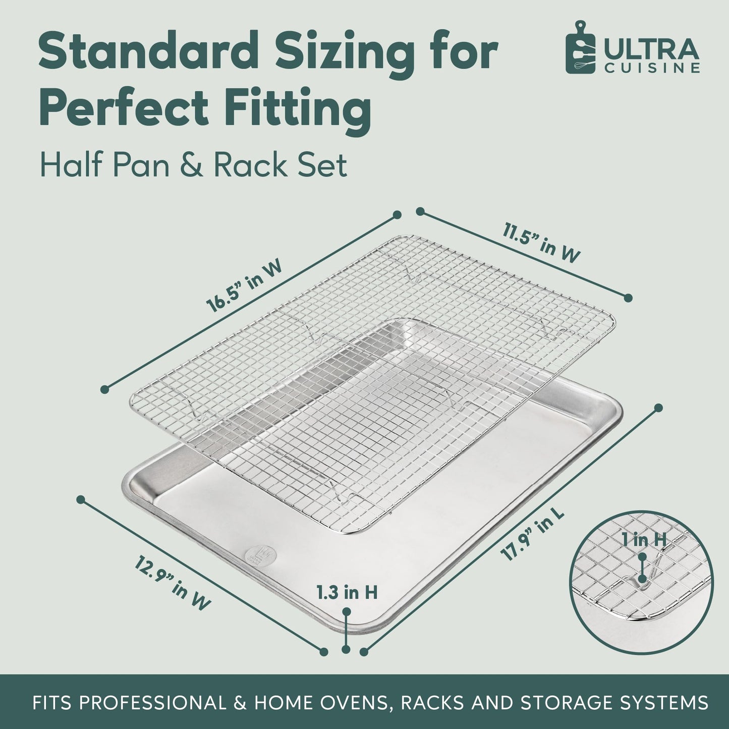 Ultra Cuisine Aluminum Baking Sheet with Stainless Steel Cooling Rack Set -Half Sheet Size Pan 13 x 18 inch, Durable Rimmed Sides, Easy Clean, Commercial Quality for Cooking and Roasting