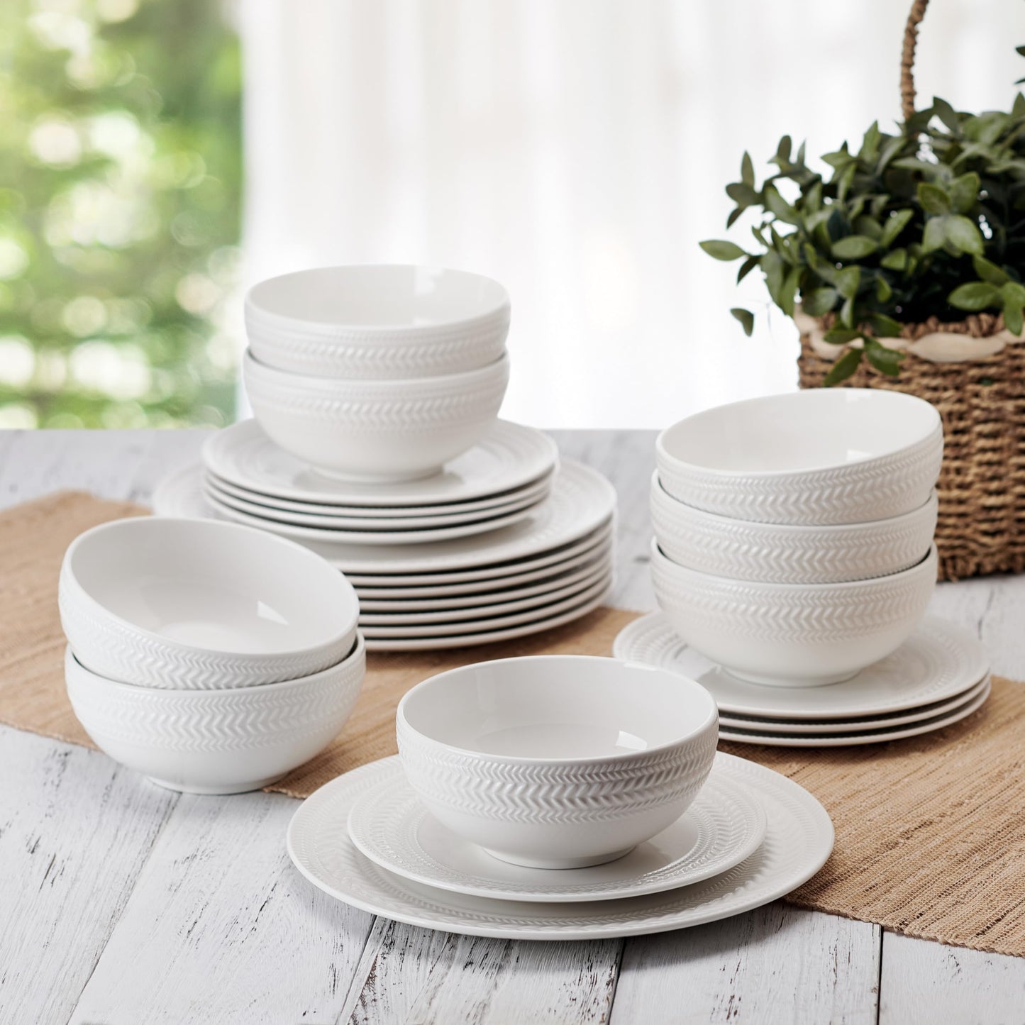 Pfaltzgraff Josephine 24-Piece Dinnerware Set, Porcelain Dish Set with Embossed Basket Weave Design, Service for 8, White Plates and Bowls Sets, Microwave and Dishwasher Safe