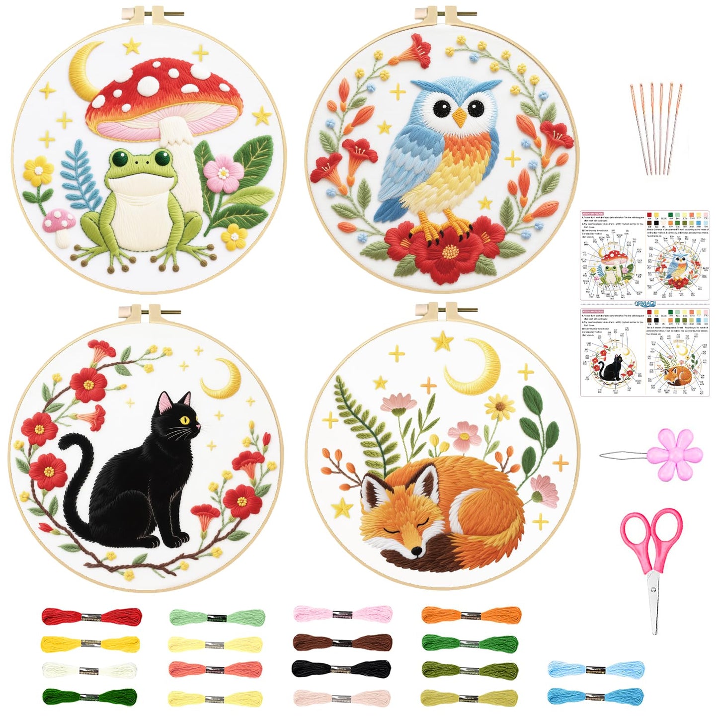 ORIGACH 4 Pack Animal Embroidery Kits Cat Frog Owl Fox Embroidery Sampler Kit Include Adjustable Hoops and Instruction Starter DIY Needlepoint for Adult Beginners