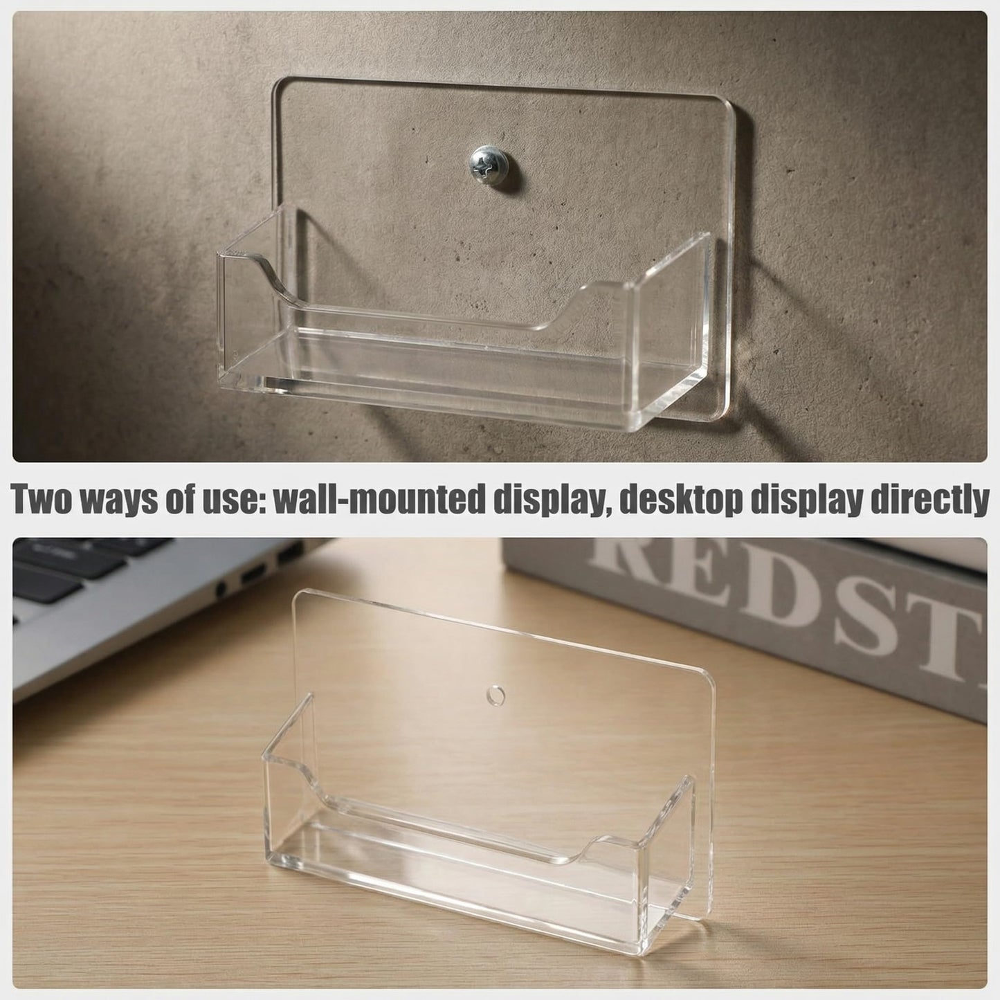 Wesiti 4 Pcs Business Card Holder Wall Mount Clear Acrylic Desk Visiting Card Holder Display Plastic Stand Door Desktop Organizer for Office Home Wall Mount Place on Table Fit 40-50 Business Cards