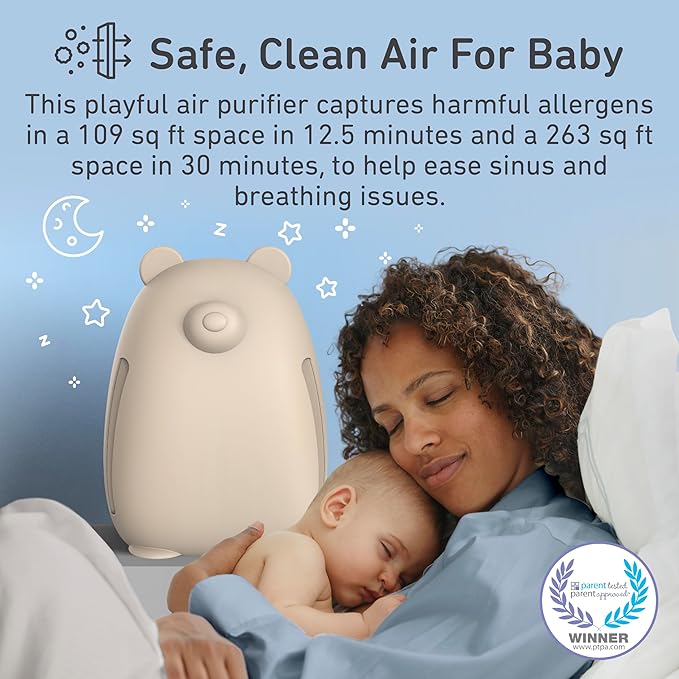 Pure Enrichment PureBaby Kids Bear Air True HEPA Air Purifier - Energy Star Rated, 4 Stage Filtration, UV-C Light, Night Light for Medium-Large Rooms - Baby Nurseries, Kid Bedrooms (Sweet Oat)