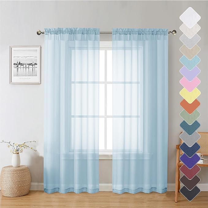 Lecloud Sky Blue Sheer Curtains 72 Inches Length 2 Panels, Lightweight Dual Rod Pockets Voile Living Room Bedroom Curtain & Panel, Durable Farmhouse Window Drapes, 40x72 Inch