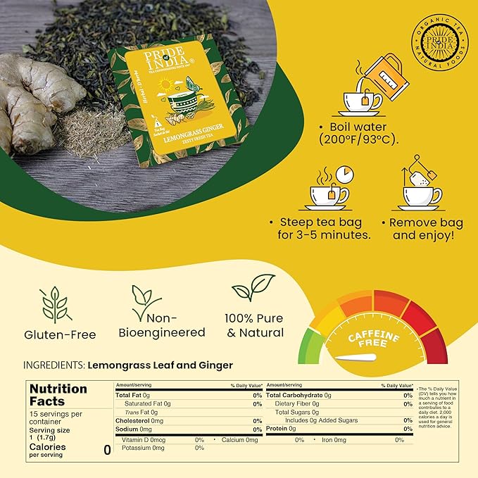 Pride of India | Lemongrass Ginger Zesty Fresh Tea | 15 Pyramid Full Leaf Individually Wrapped Tea Bags | 100% Herbal Blend from Single Origin | Tangy & Spicy Flavor | Caffeine-Free
