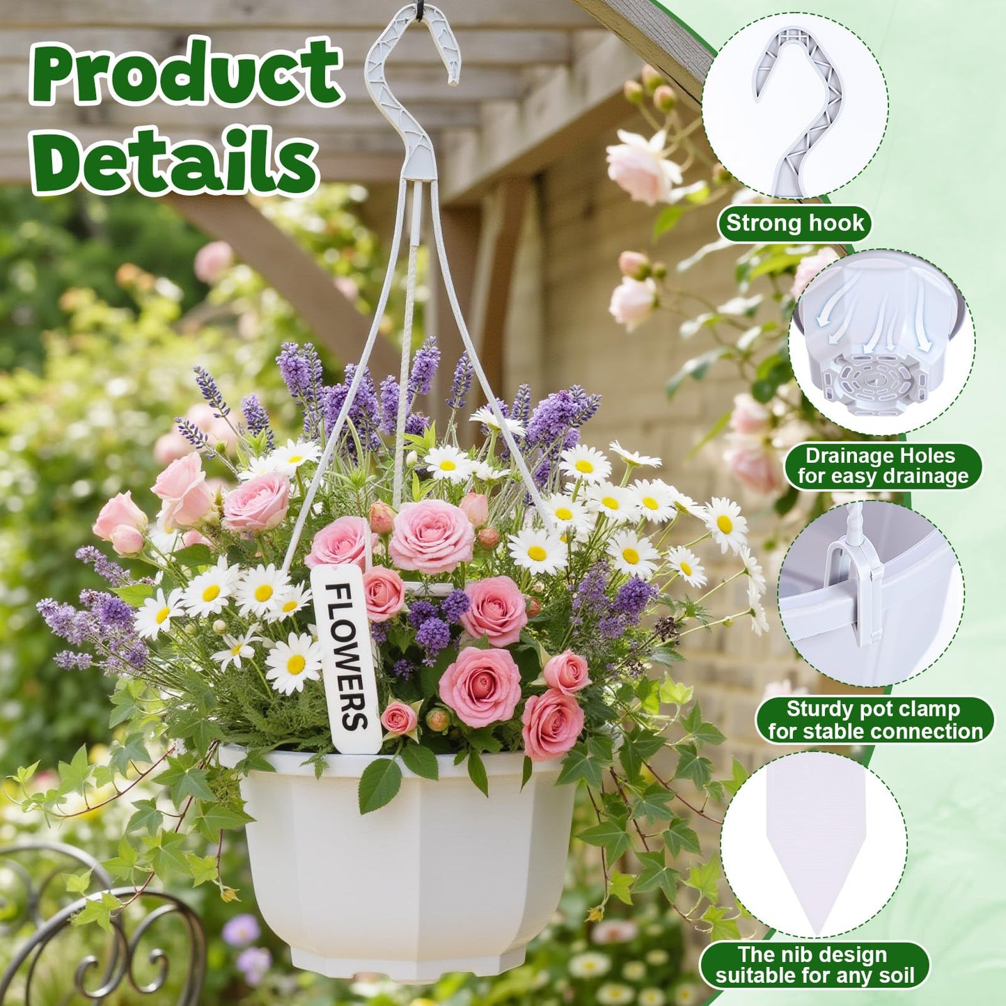 Romooa 200 Pack 5.1 Inch Plastic Hanging Pots Bulk Nursery Hanging Planters with Hooks and Drainage Small Grower Pots for Indoor Outdoor Plants, Garden, Includes 200 Labels(White)