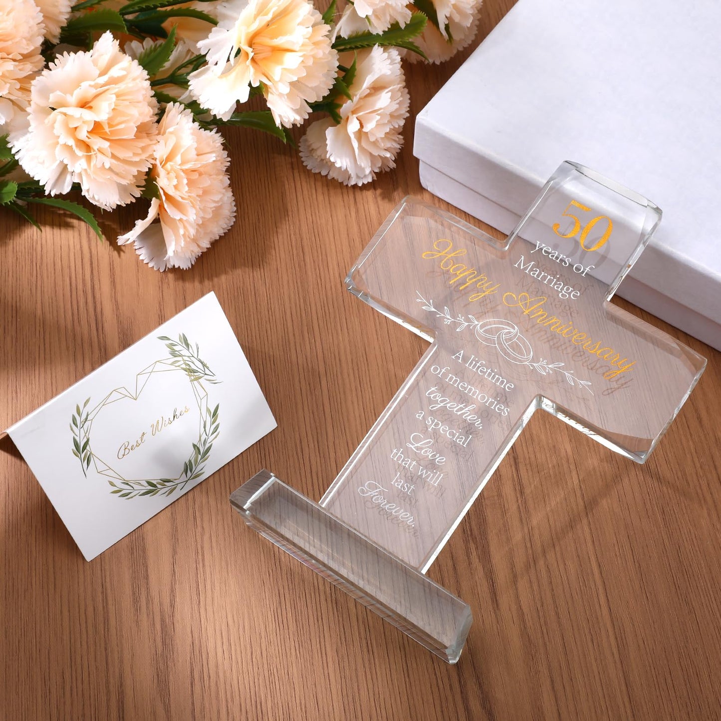 50th Wedding Anniversary for Couple Gifts, Religious Standing Cross Crystal with Wedding Keepsake Box, Laser Engraved 50 Year Anniversary Romantic Gift for Decorations, Couple, Her, Him